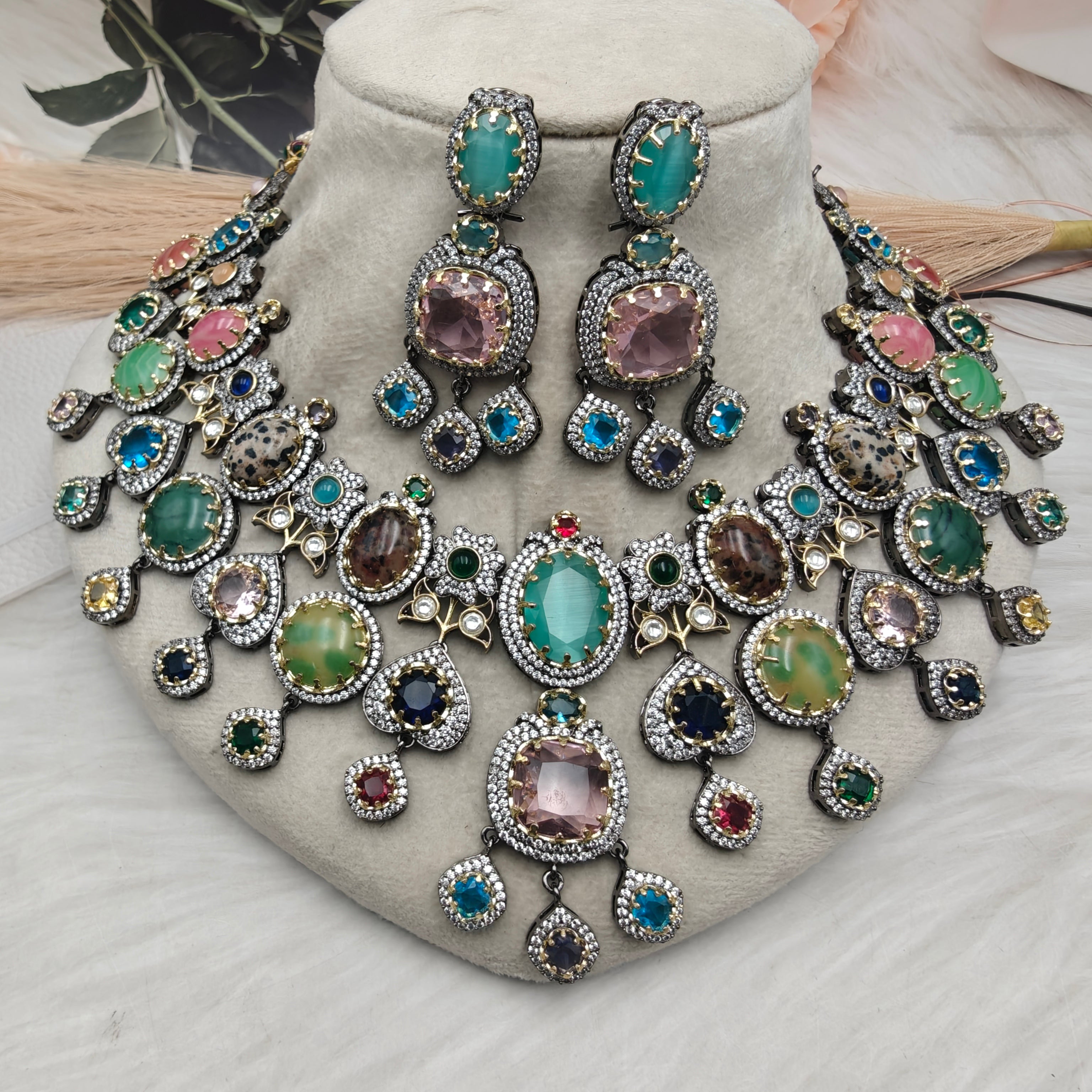 Emily Sabyasachi Inspired Statement Premium Gemstones Necklace Set