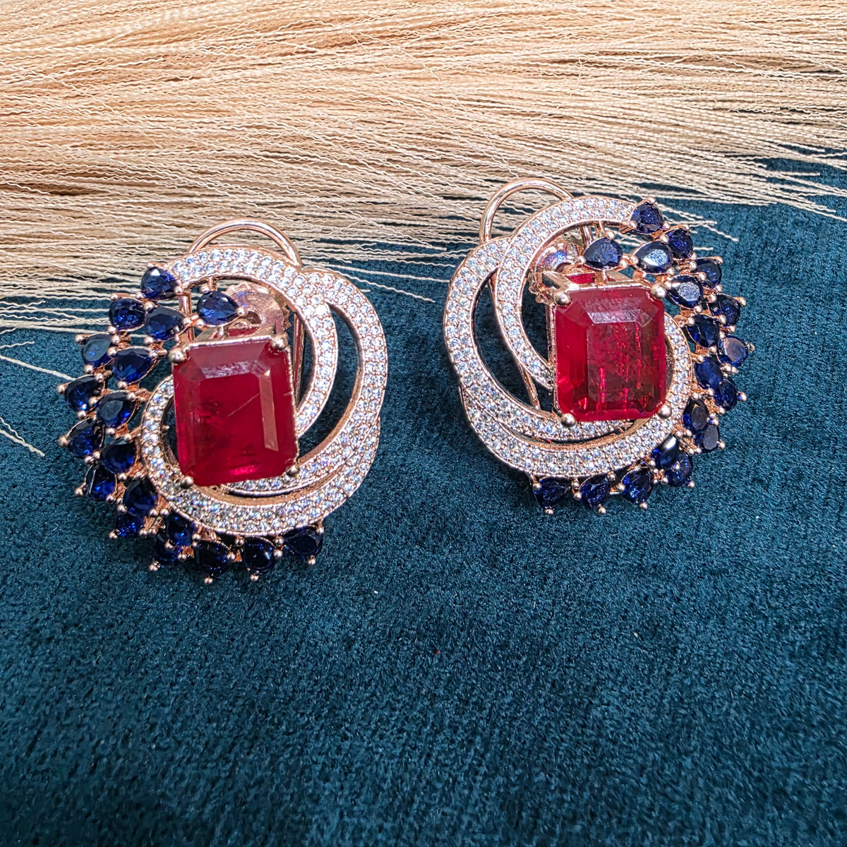 Ragini Doublet Rose Gold Finish Studs-Red Blue