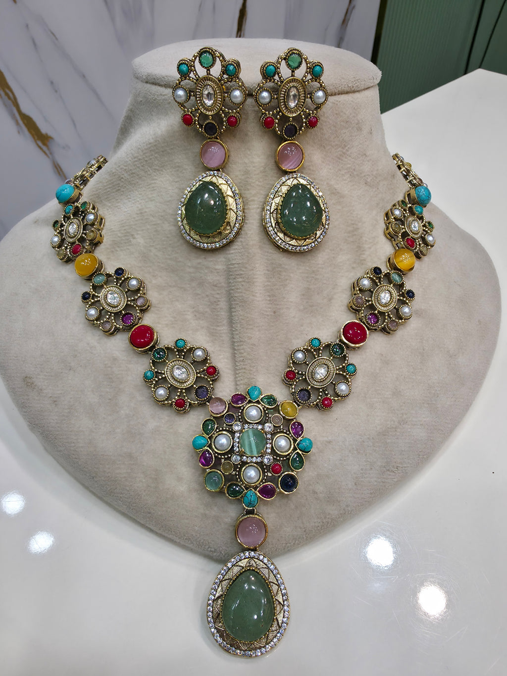 Nimrat Sabya Inspired Necklace Set- Mint Multi