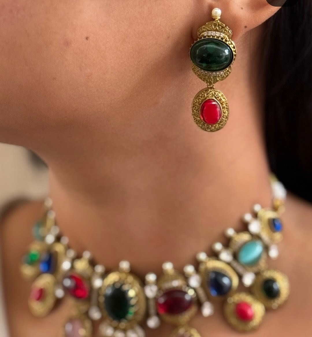 Sabyasachi Inspired Garima Moissanite Natural Stone Choker Necklace Set- Multi