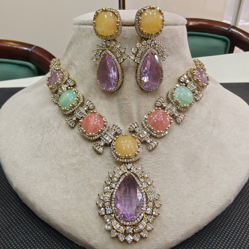 Sabyasachi Inspired Premium Statement Vajra Necklace Set- Lavender Multi