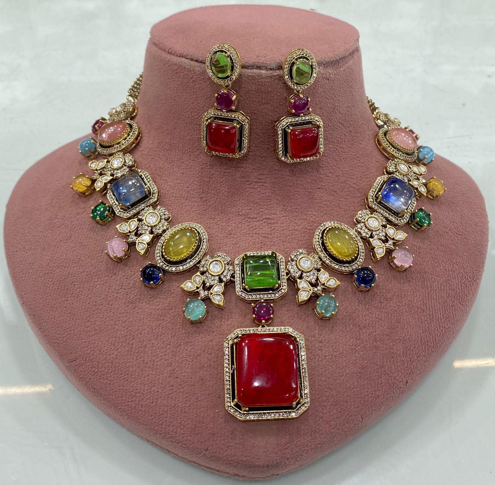 Shagufta Sabyasachi Inspired Statement Necklace Set - Red Multi