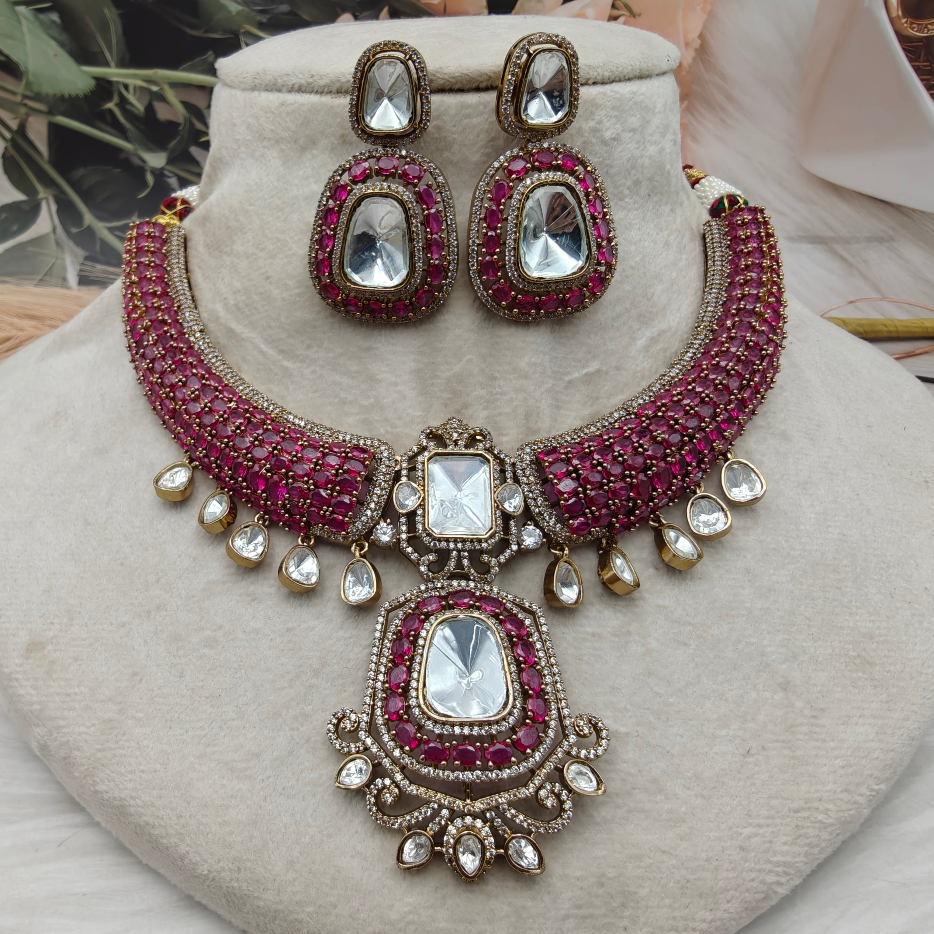 Naazni Moissanite Polki Premium Necklace Set - Ruby