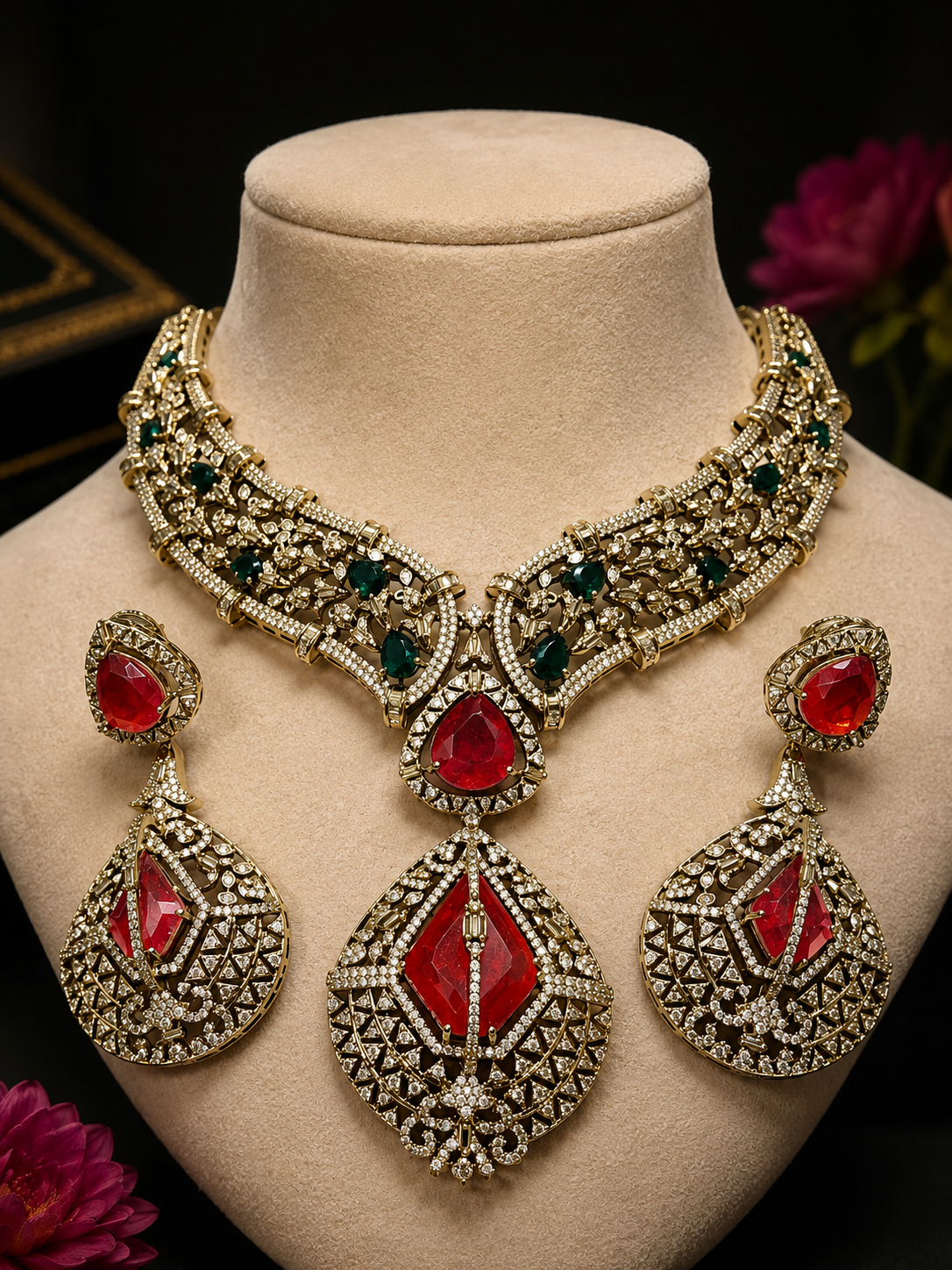 Anvitha Doublet Statement Necklace Set- Red Green