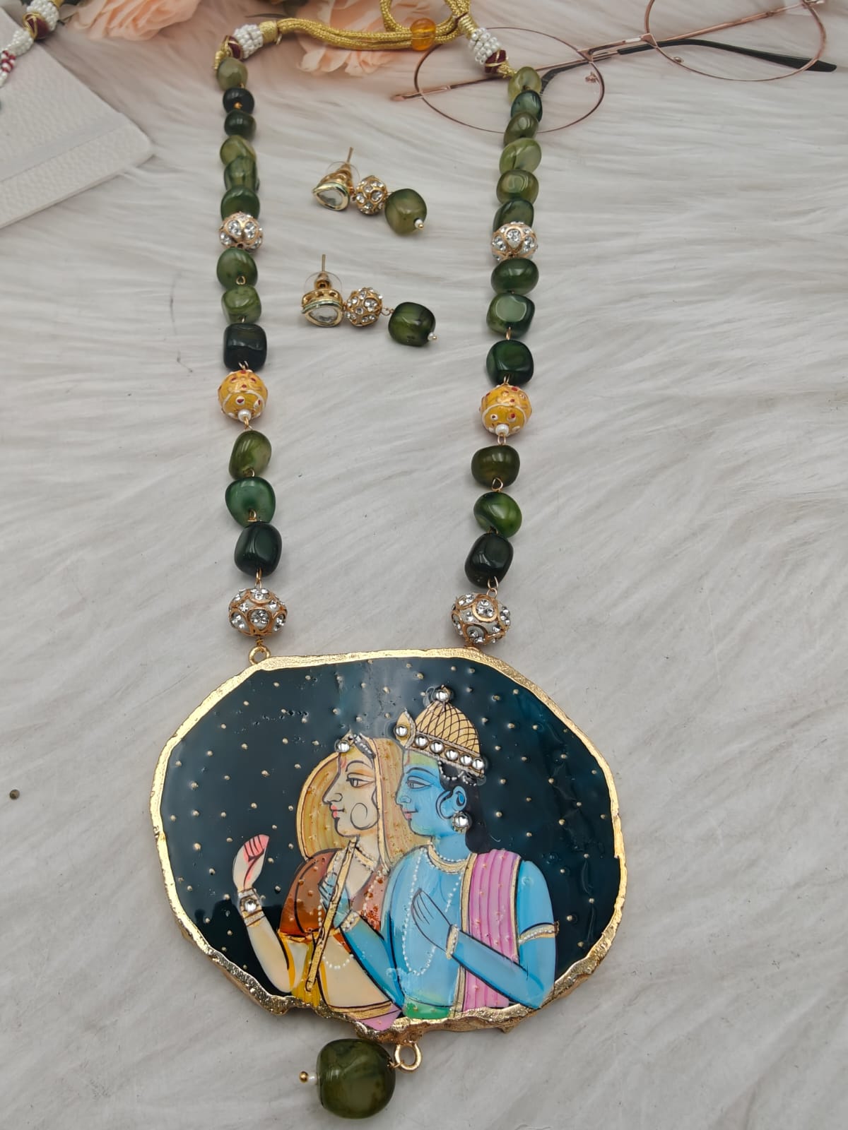 Radha Krishna Tanjore Natural Stone Necklace Set - Olive Green