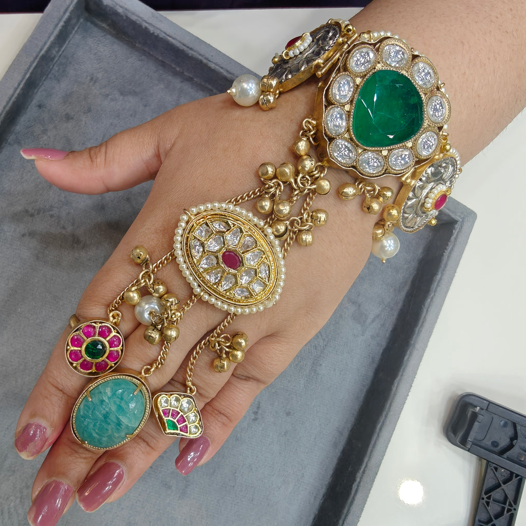 Shaheen Handcrafted Brass Fusion Hathphool-Green and Aquamarine