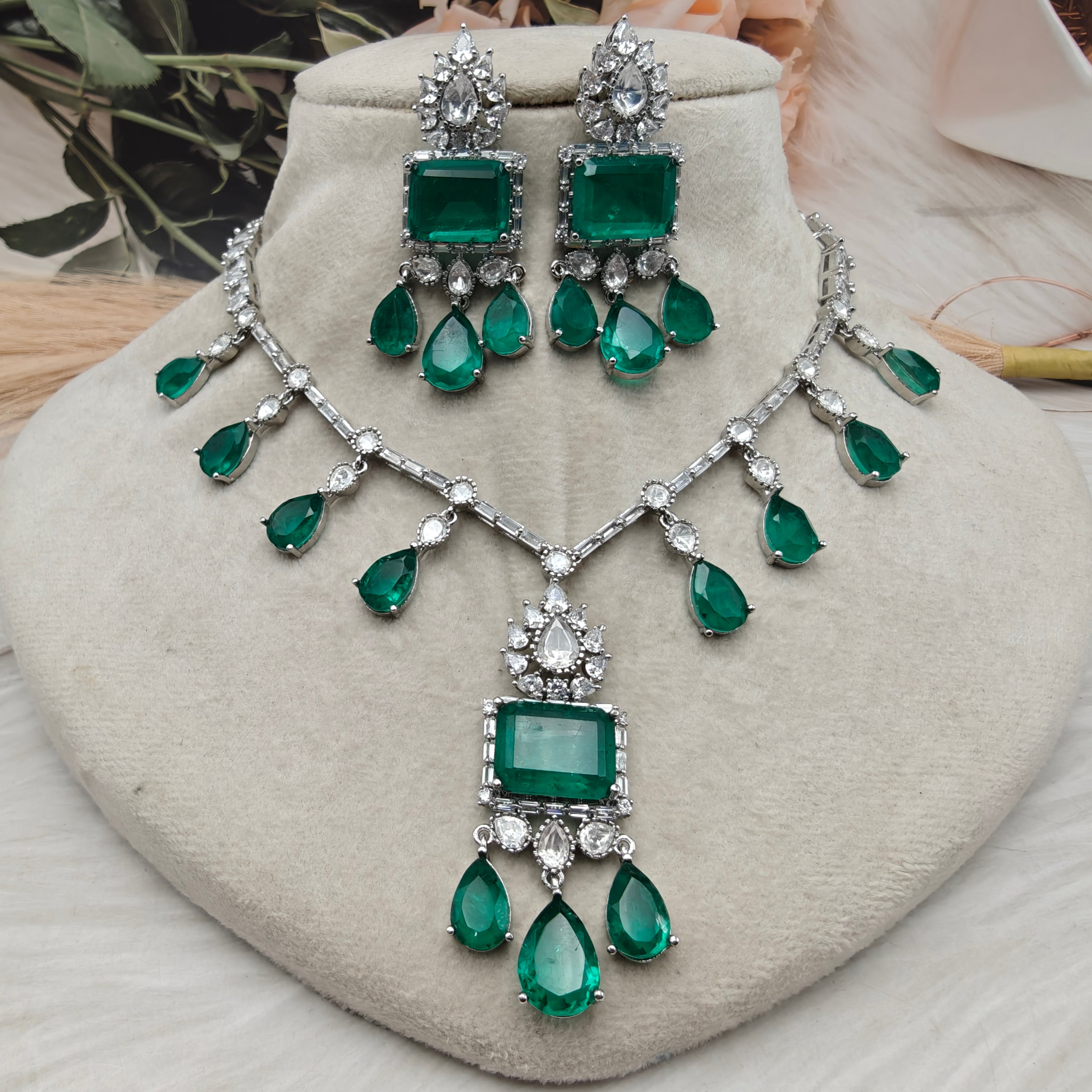 Pristine Doublet and Baguette AD Necklace Set - Emerald
