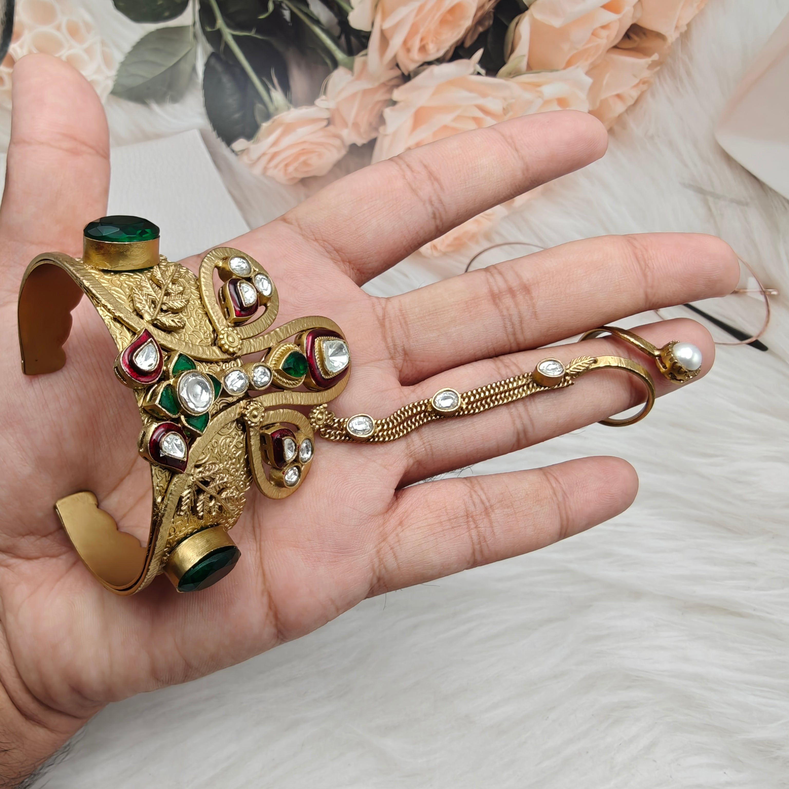 Kesar Amrapali Brass Fusion Handcuff with Hathphool