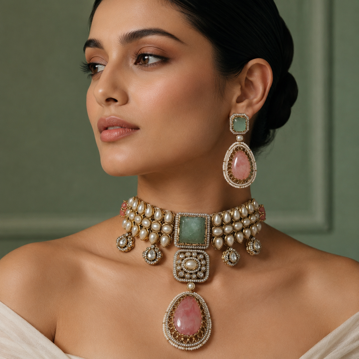 Alokika Sabya Inspired Pearl and Natural Stone Necklace Set