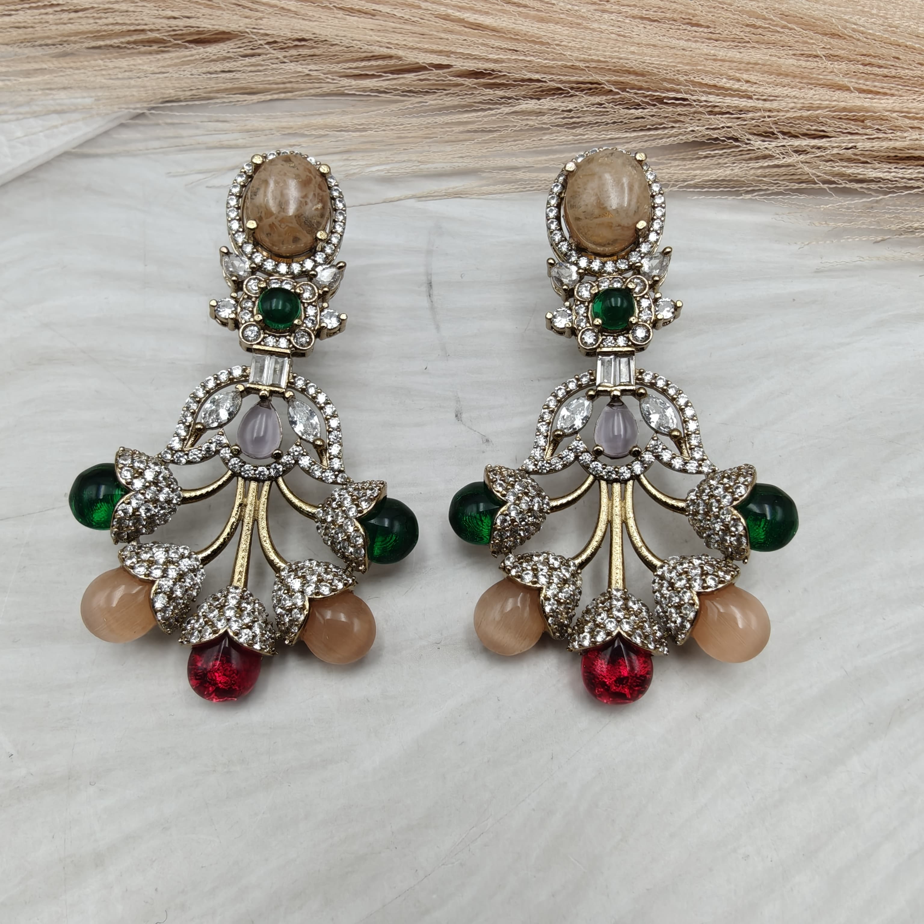 Ambika Statement Gemstone Earrings-Peach Multi