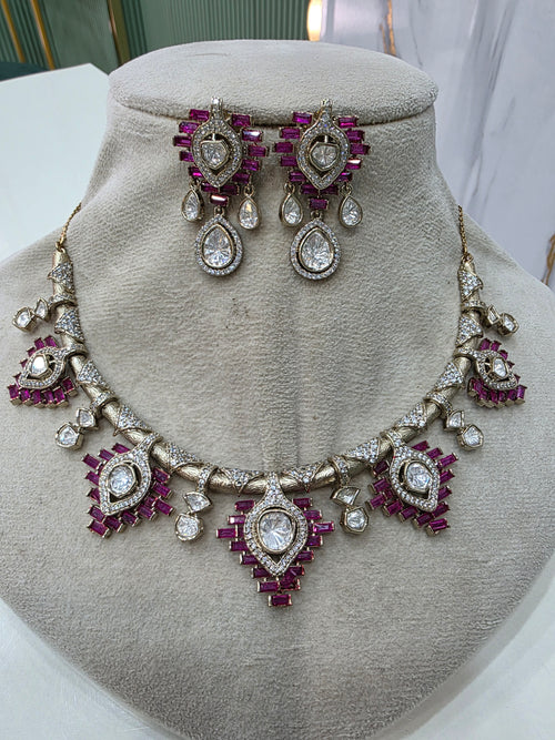 Aarshi Moissanite Polki Kundan Necklace Set- Ruby Pink