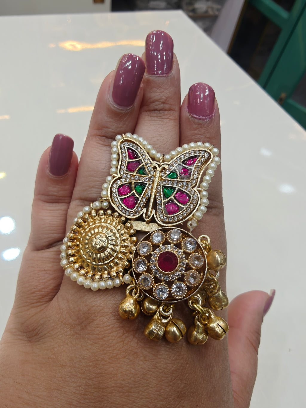 Titli Handcrafted Brass Fusion Ring- Ruby Green