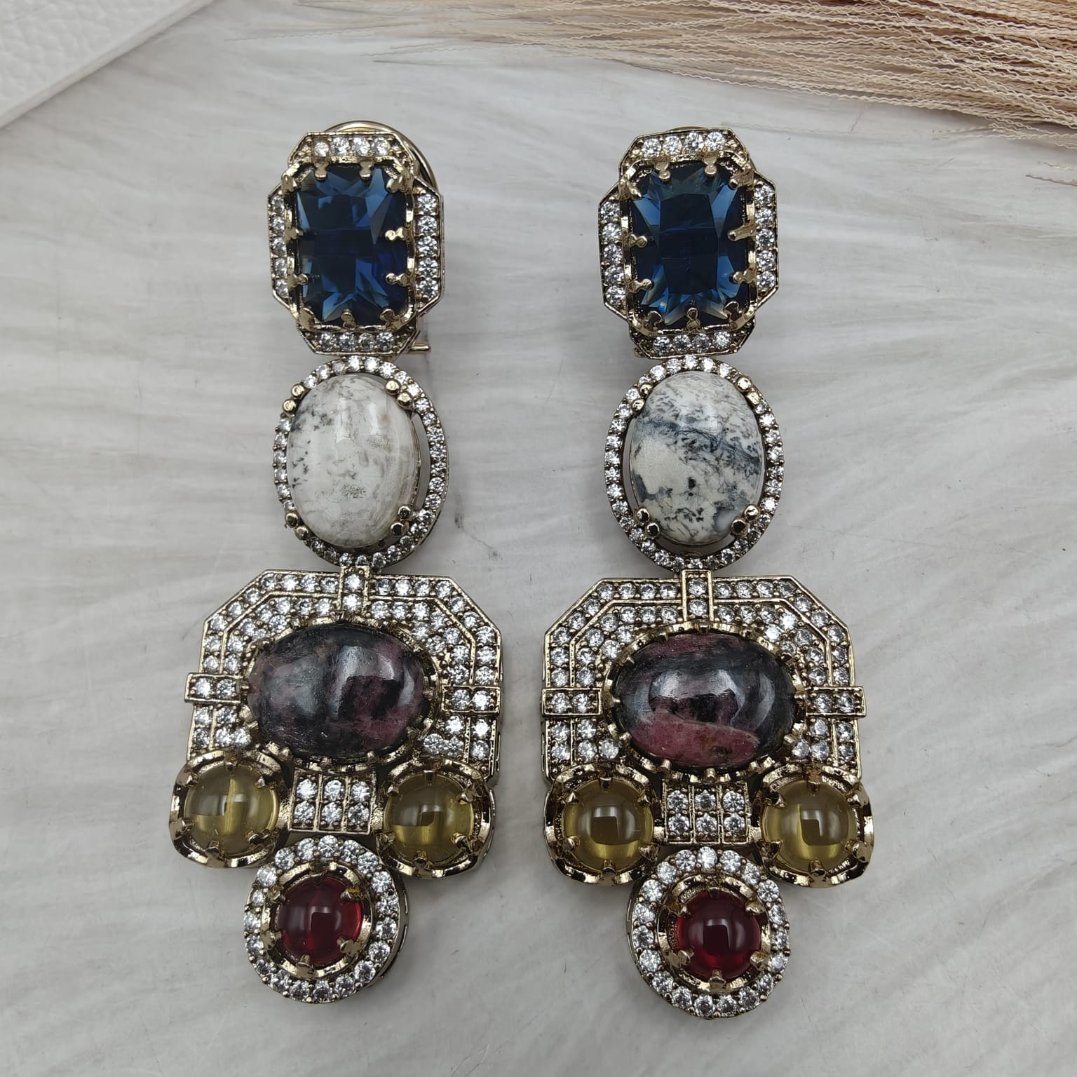 Sabyasachi Inspired Gemstone Meeraya Statement Earrings- Blue Multi
