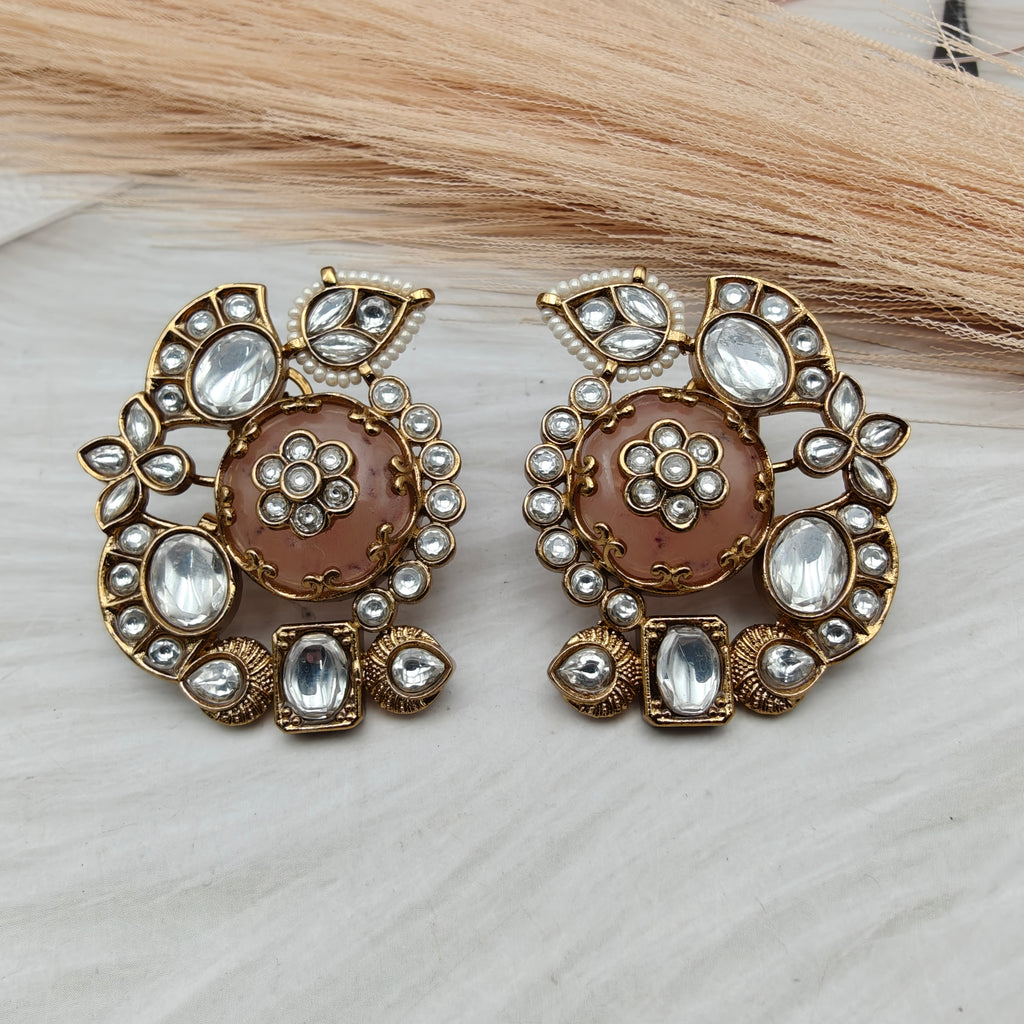 Heena Statement Jadau Kundan Studs- Peach Neutral