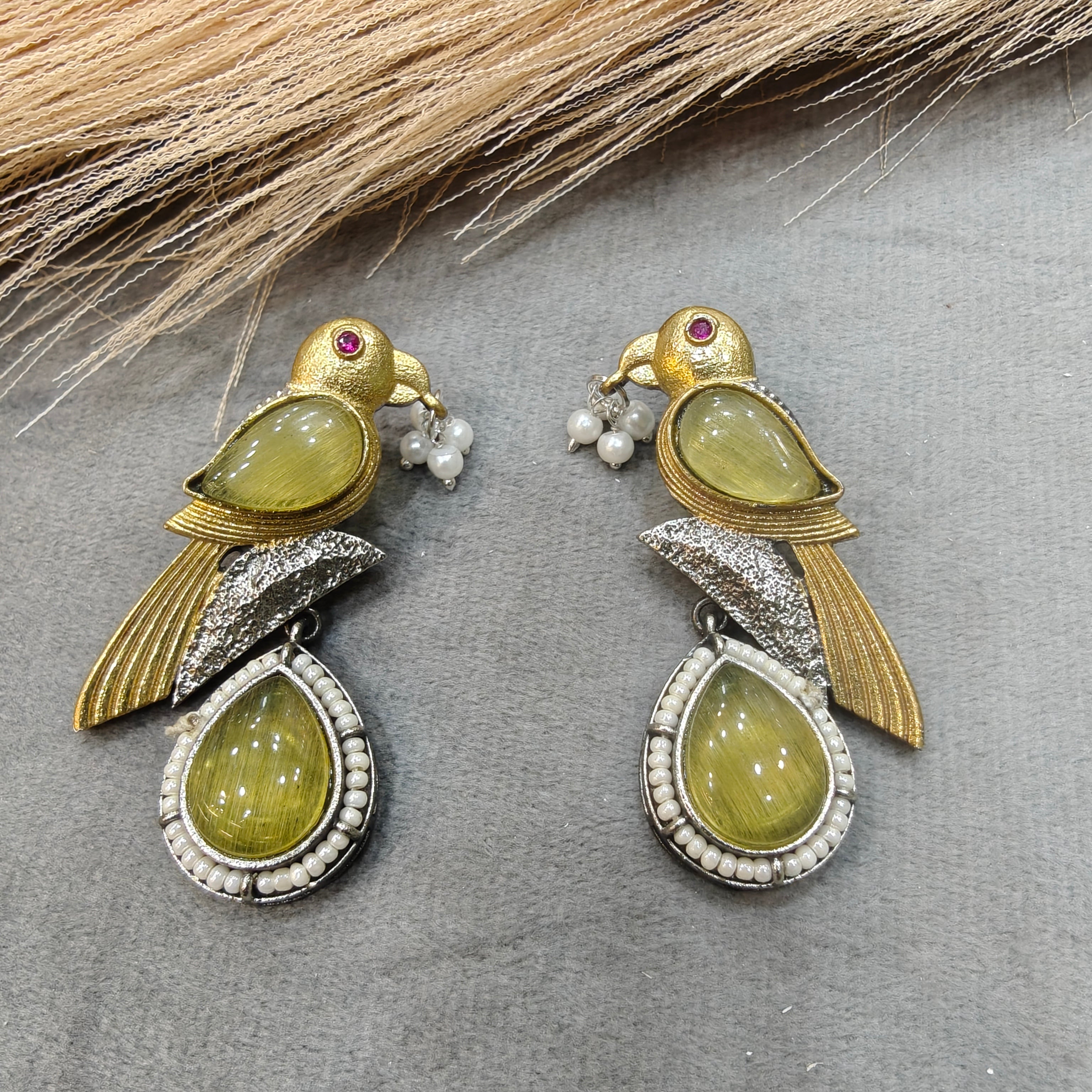 Silver oxidised Bird Earrings- Lemon Yellow