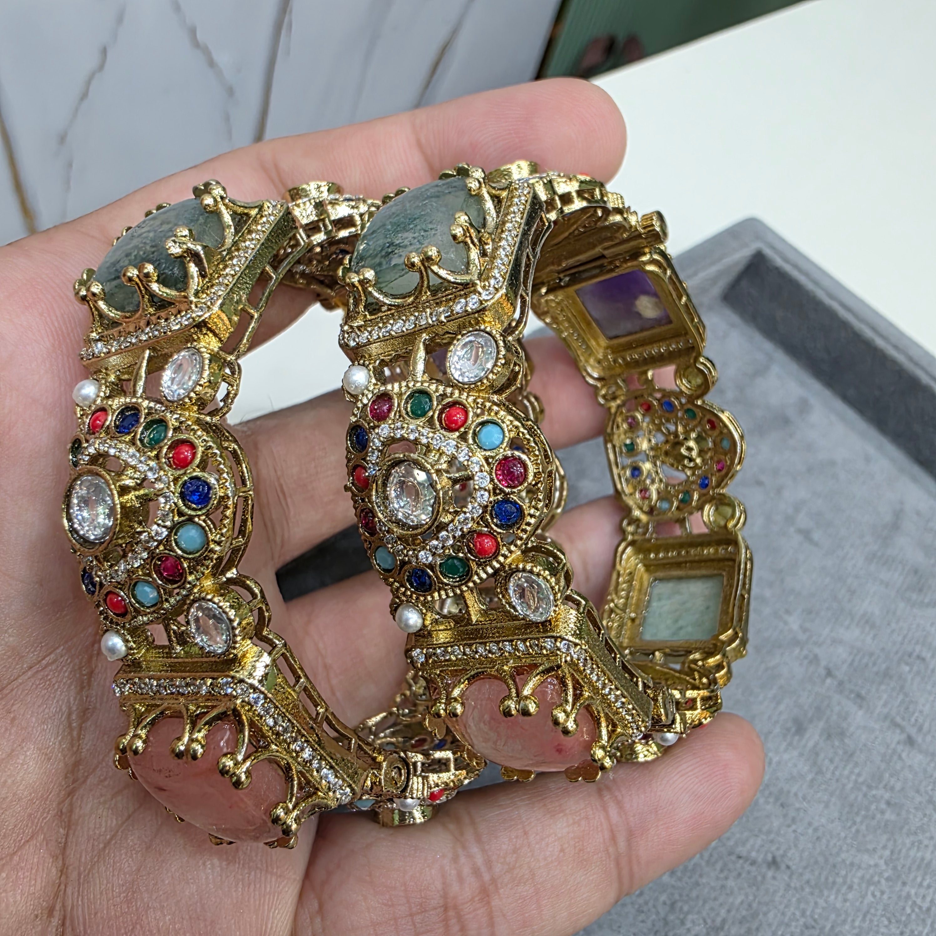 Chavi Sabya Inspired Gemstone Openable Bangles (Pair)- Multi