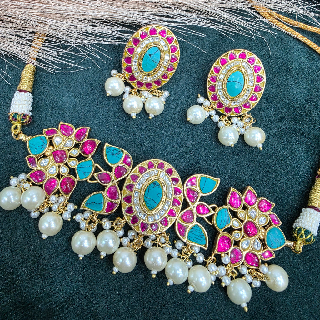 Aparna Jadau Kundan Heritage Choker Set- Turquoise and Ruby