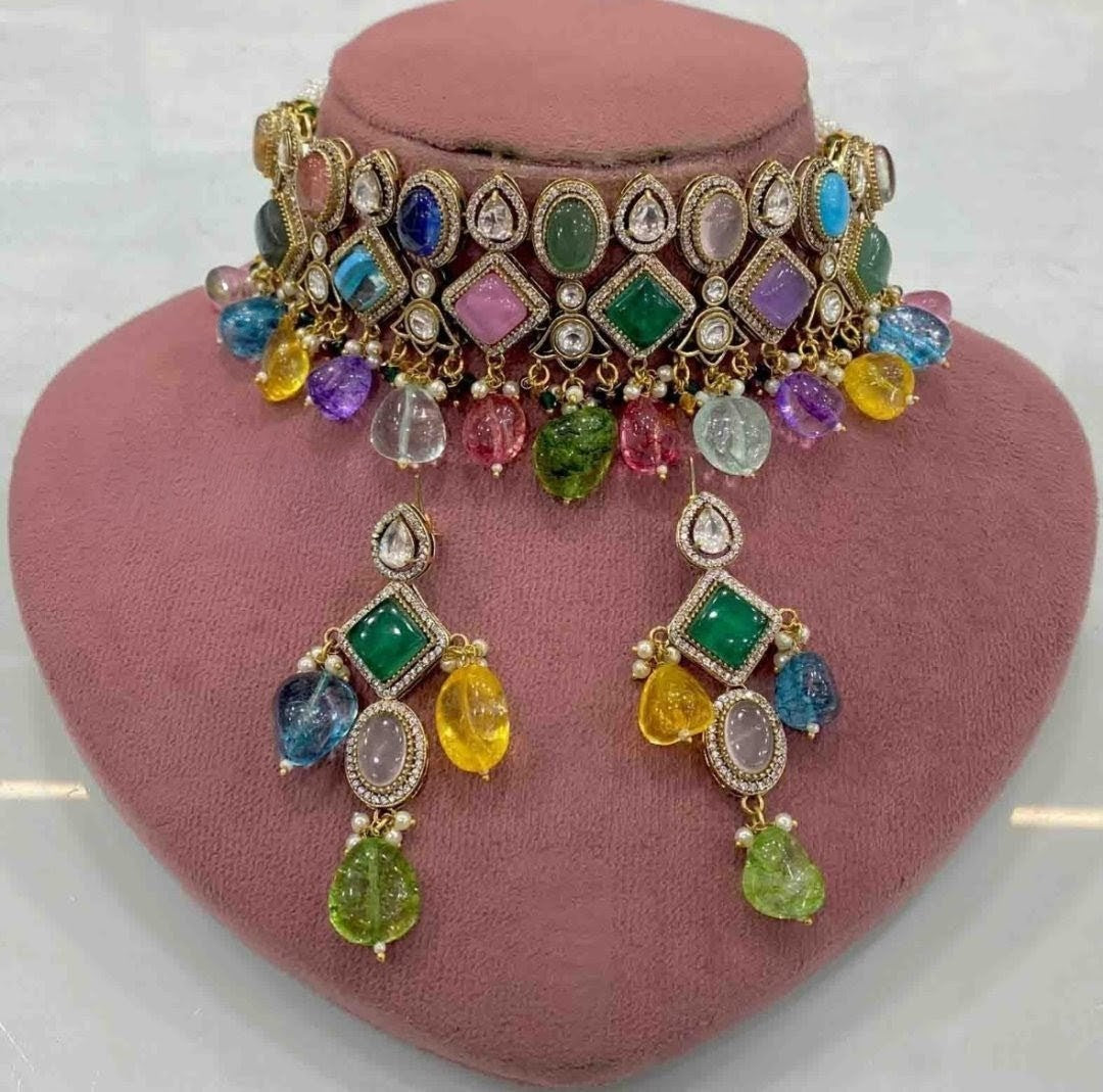 Delnaz Sabyasachi Inspired Quartz Doublet Choker Set- Green Multi