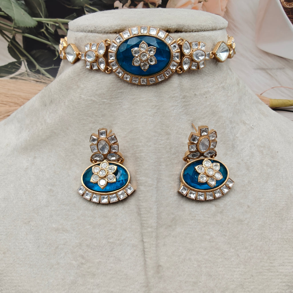 Kalika Uncut Moissanite Onyx Choker Set- Peacock Blue