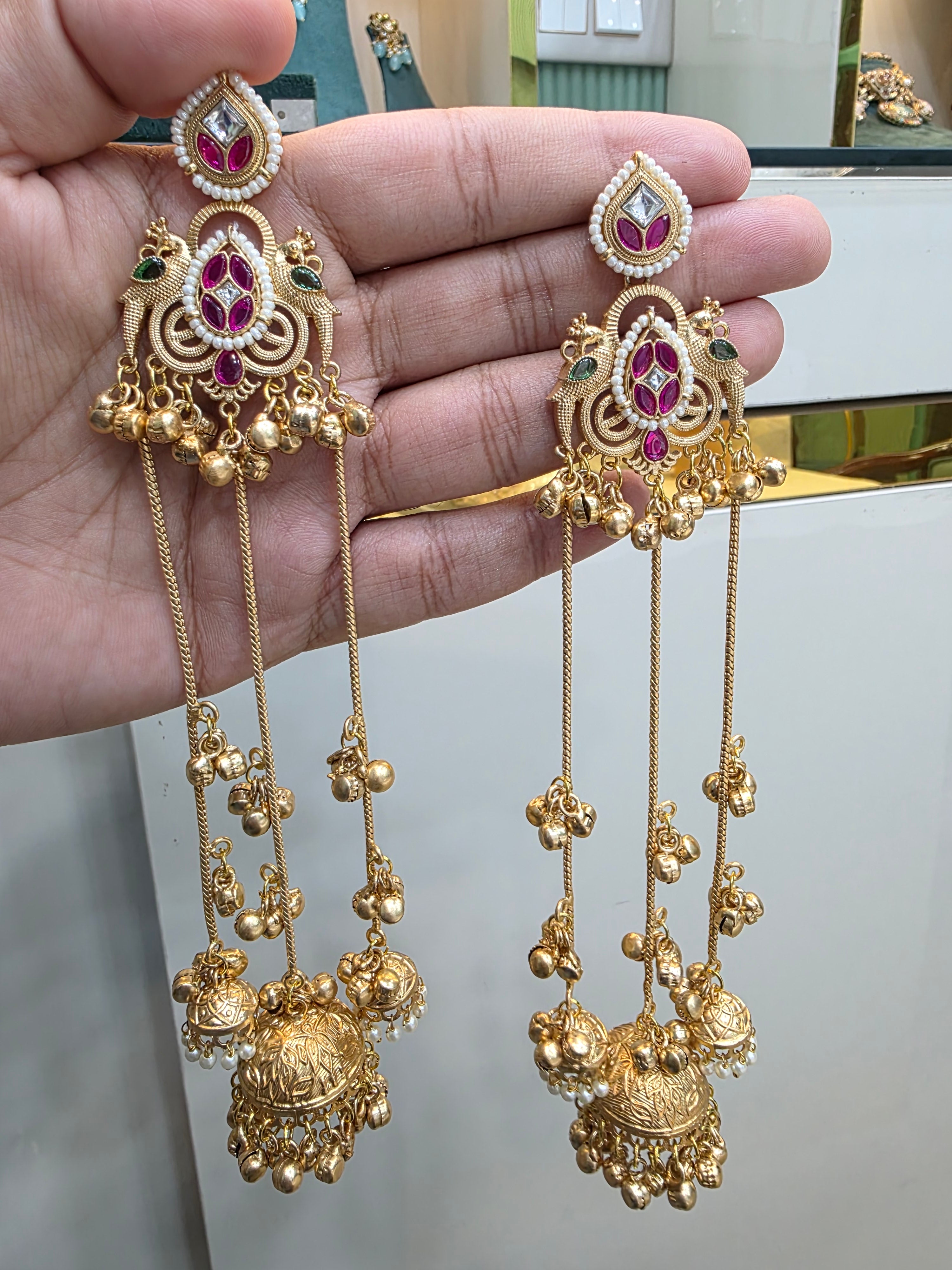 Handcrafted Zaira Kashmiri Brass Fusion Earrings- Ruby Green