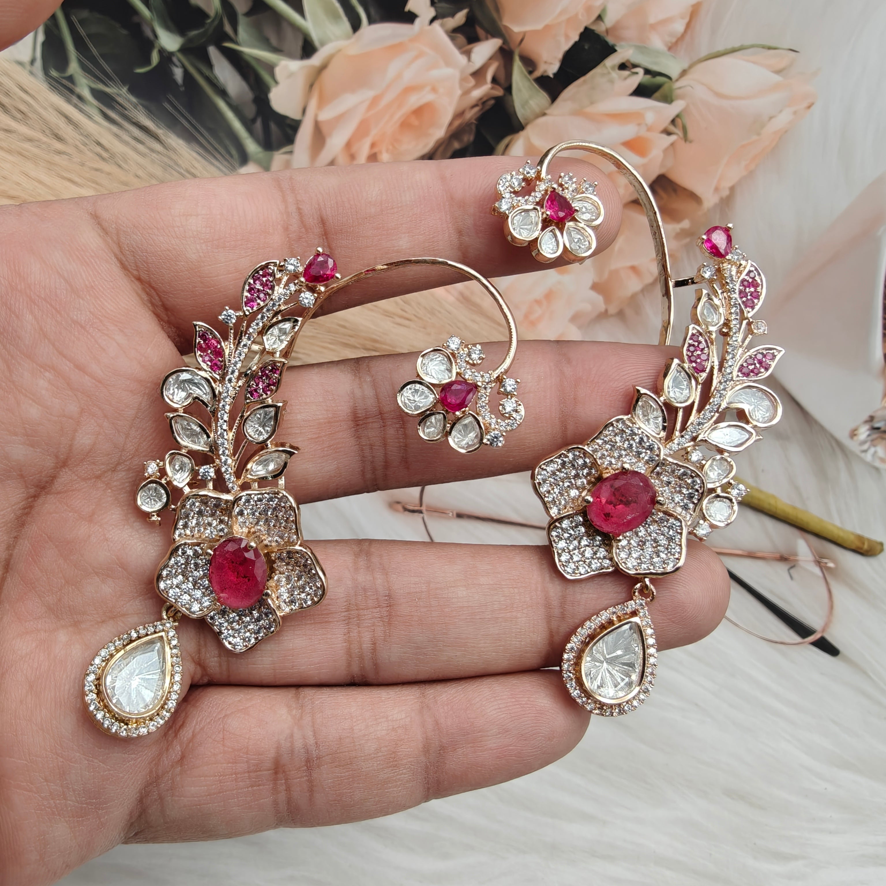 Zayra Doublet and Moissanite Kundan Earcuffs - Ruby