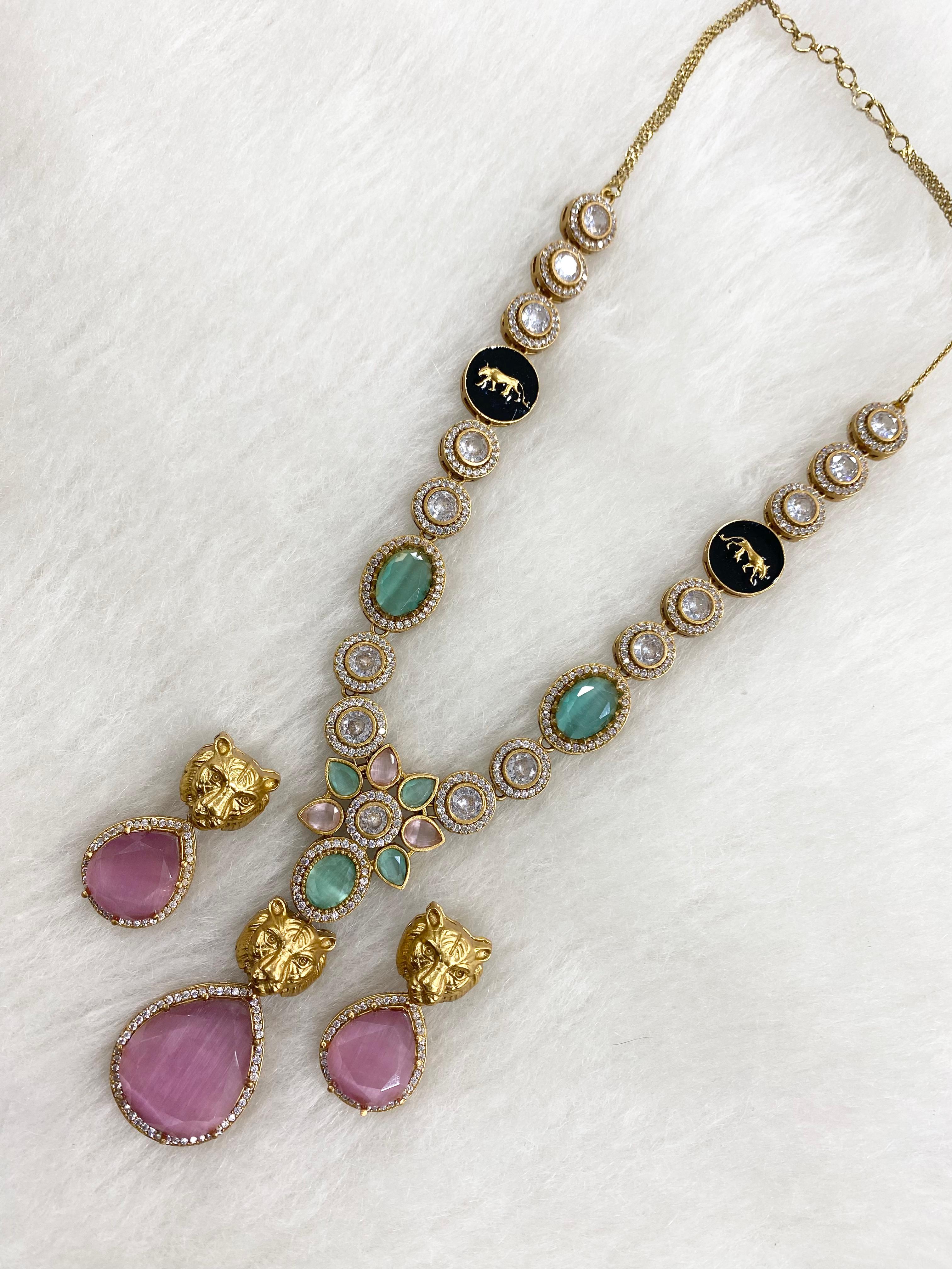 Sabyasachi Inspired Edah Necklace Set- Pink n Mint