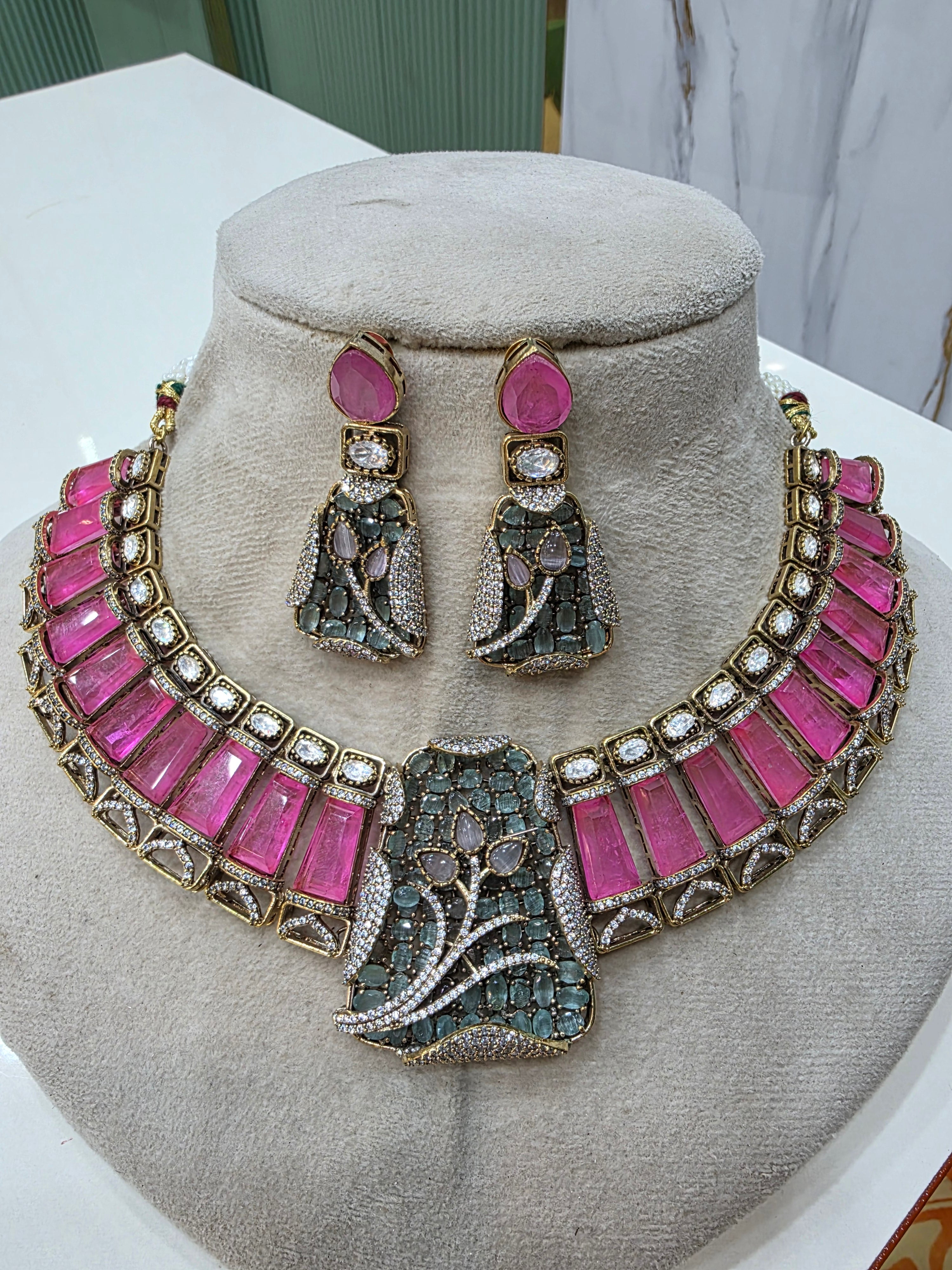 Aaina Doublet Designer Necklace Set- Pink and Mint