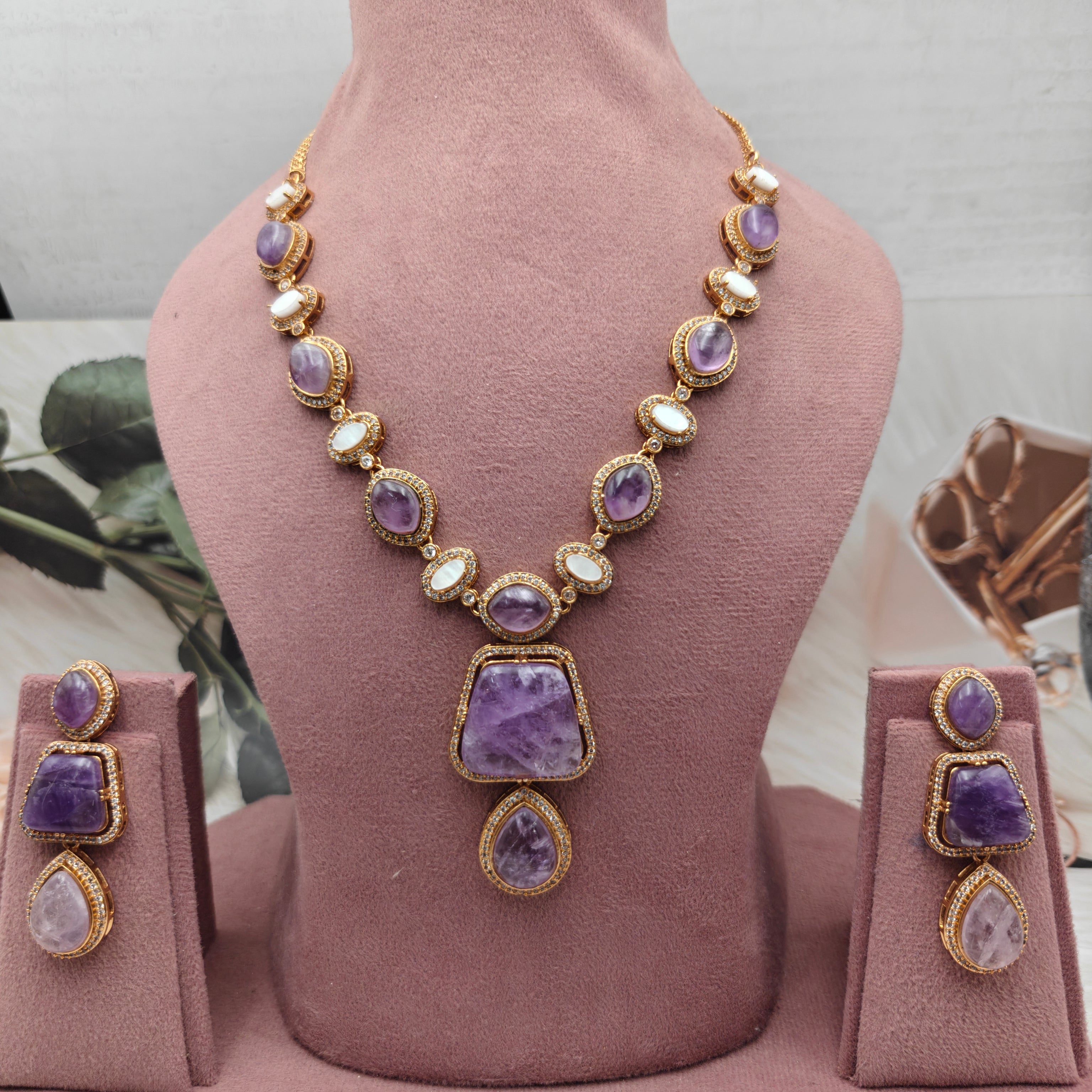 Fida Natural Stone Necklace Set - Purple Quartz