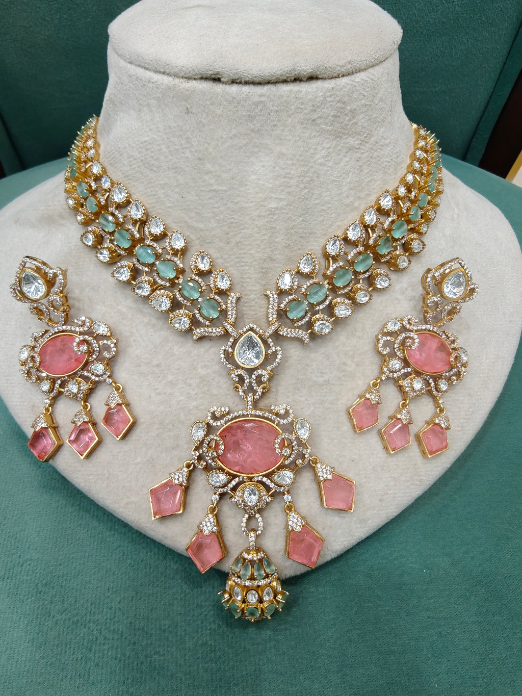 Jasmine Russian Doublet Polki Necklace Set- Peach Mint
