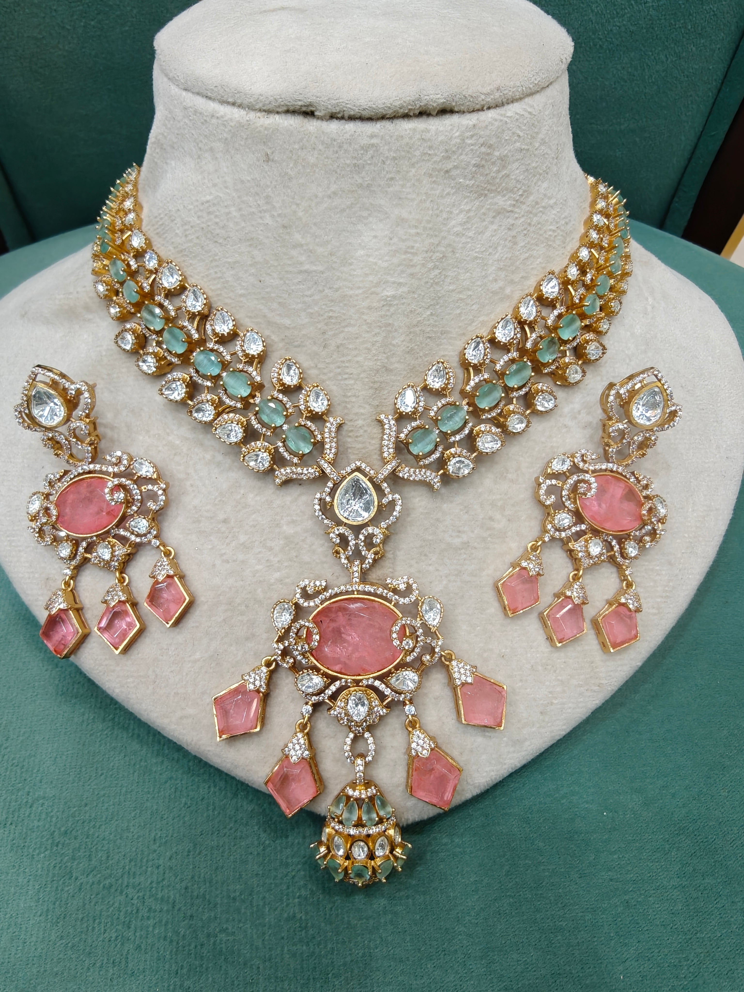 Jasmine Russian Doublet Polki Necklace Set- Peach Mint