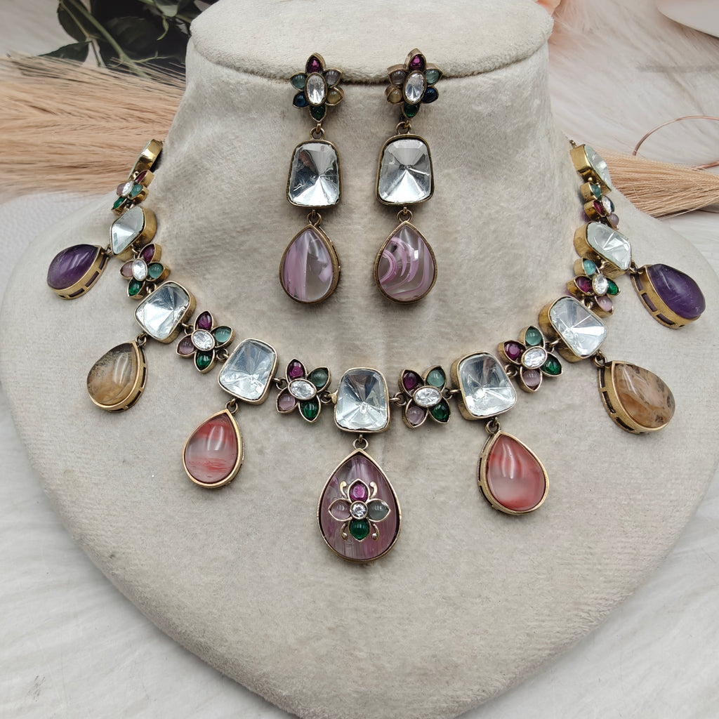 Khushbu Sabyasachi Inspired Natural Stones Necklace Set - Pastel Multi