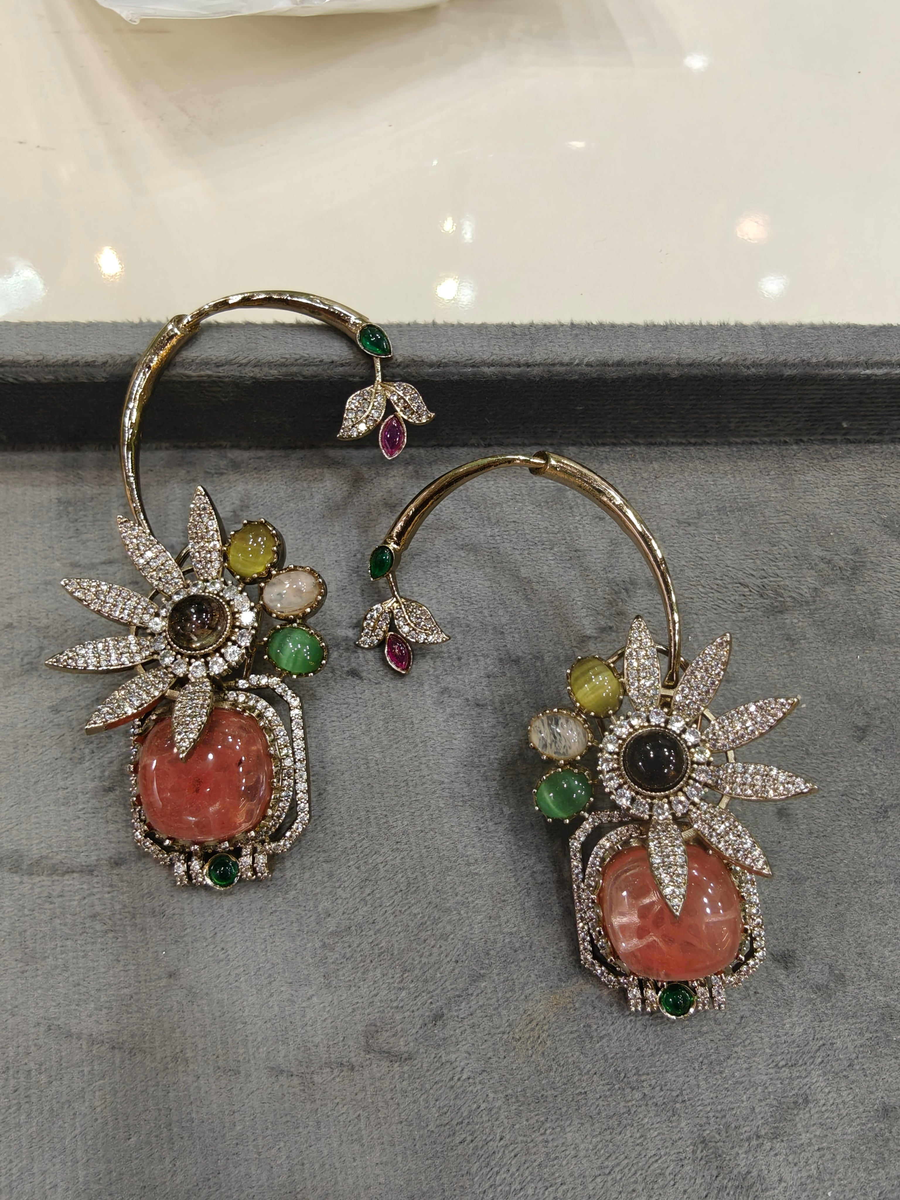 Advisha Flower Gemstone Statement Earcuff- Coral Multi