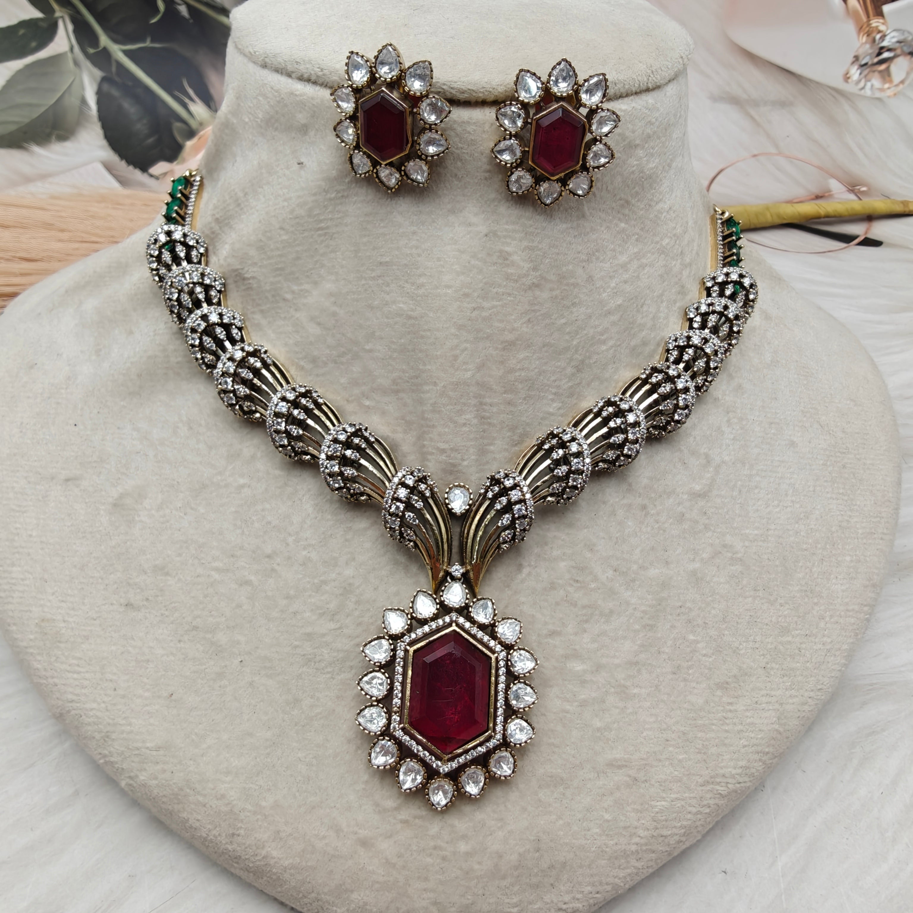Alaska Doublet and Pota Stone Necklace Set- Ruby and Green
