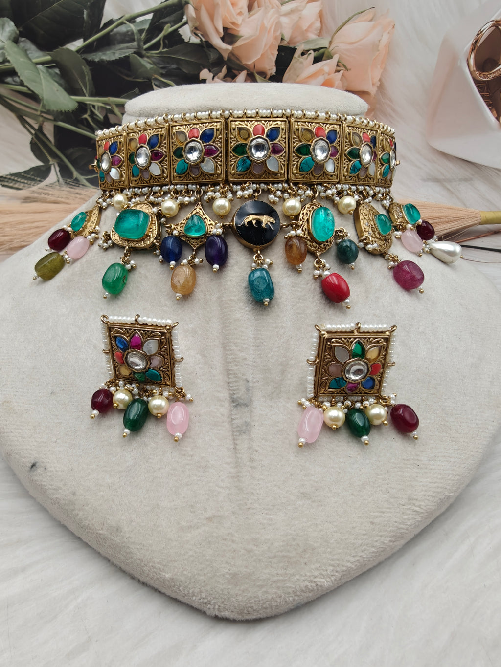 Sabyasachi Inspired Navratan Takker Stone Choker Set- Multi