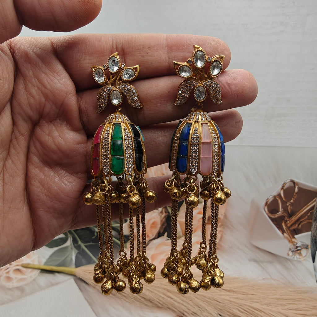 Varsha Takker Stone and Uncut Polki Brass Fusion Kashmiri Jhumki- Multi