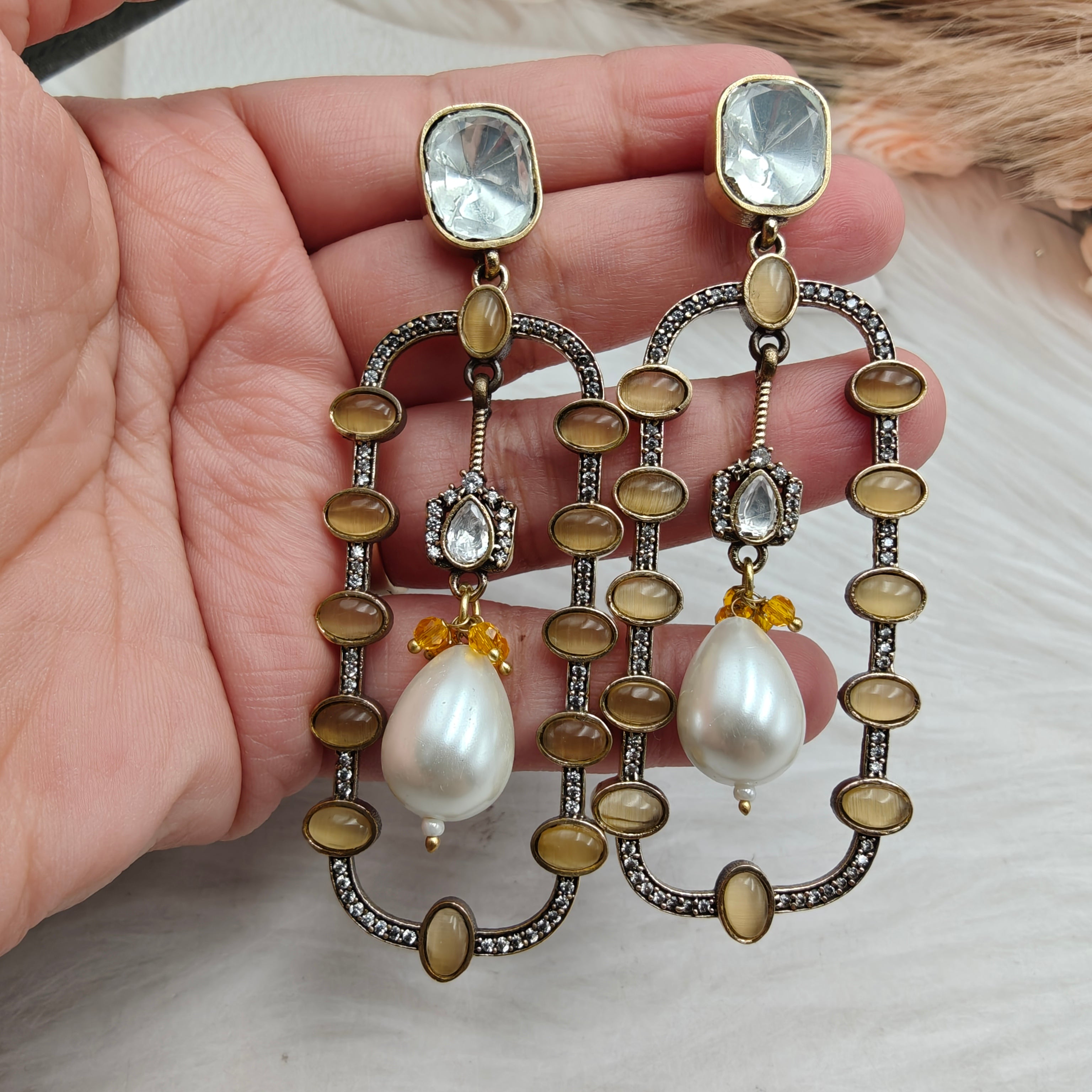 Divisha Statement Earrings with Pearl drop - Golden Yellow