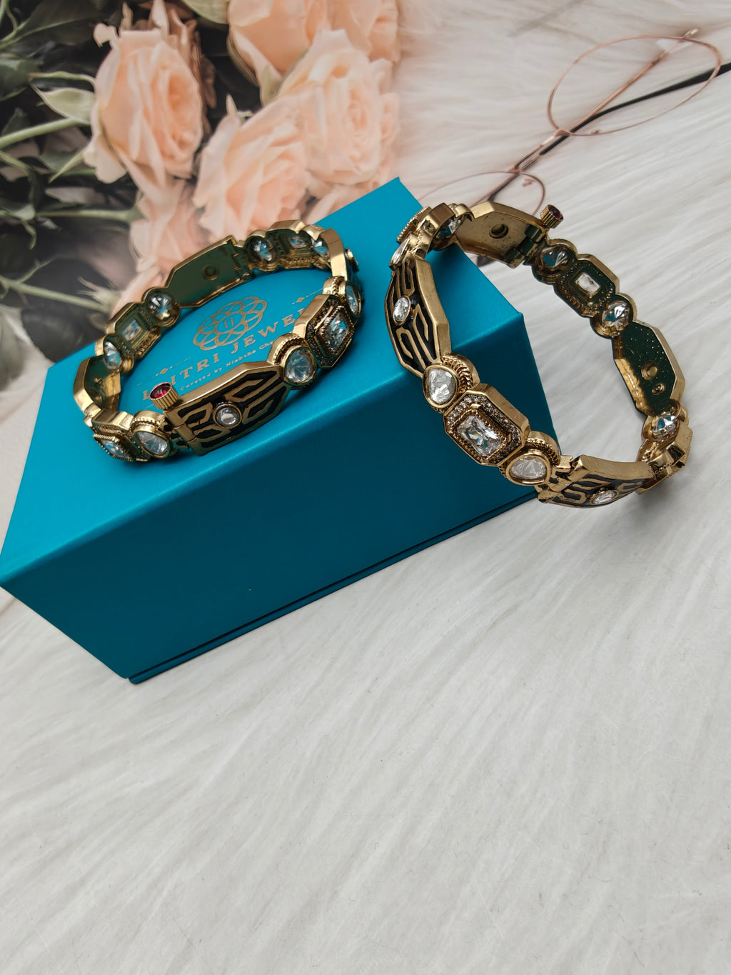 Sargam Enamel and Moissanite Openable Bangles- White Black