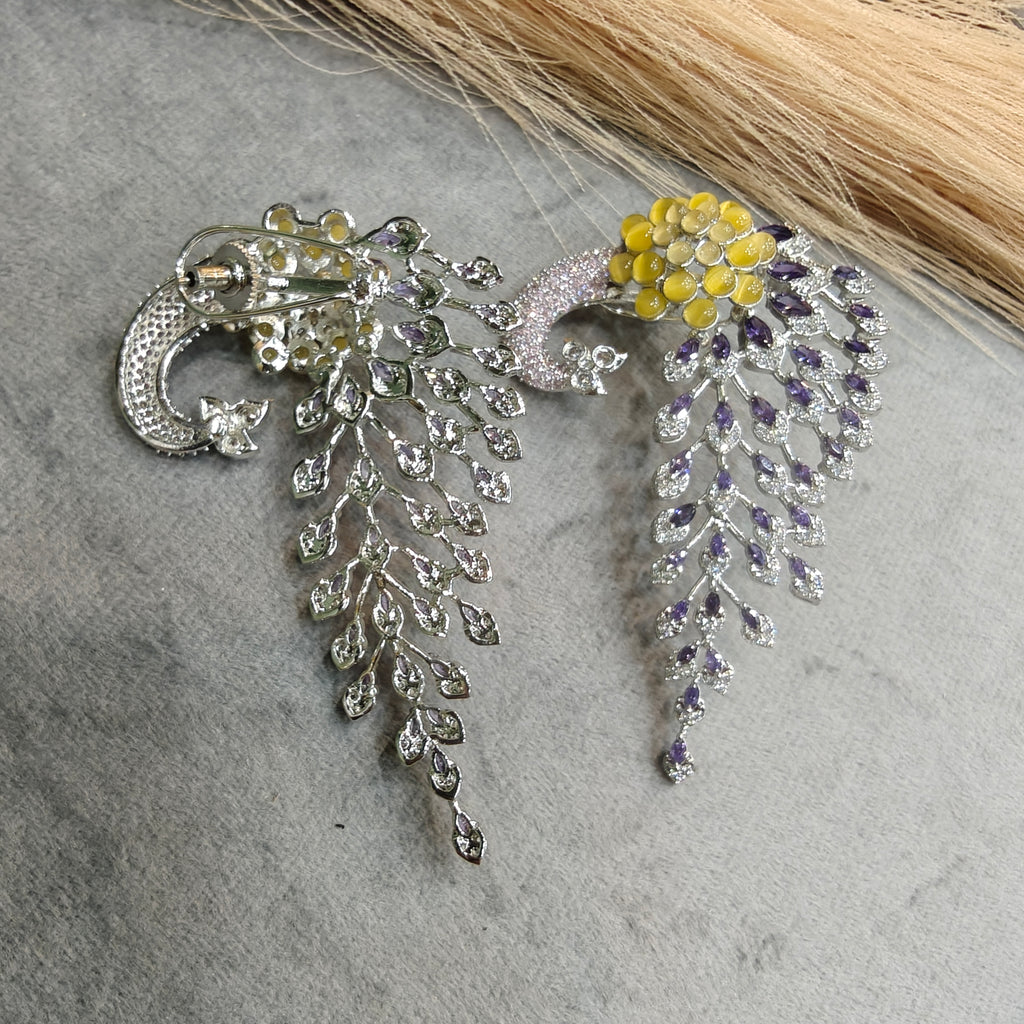 Vantara Peacock Statement Silver Plated Earrings- Yellow Purple