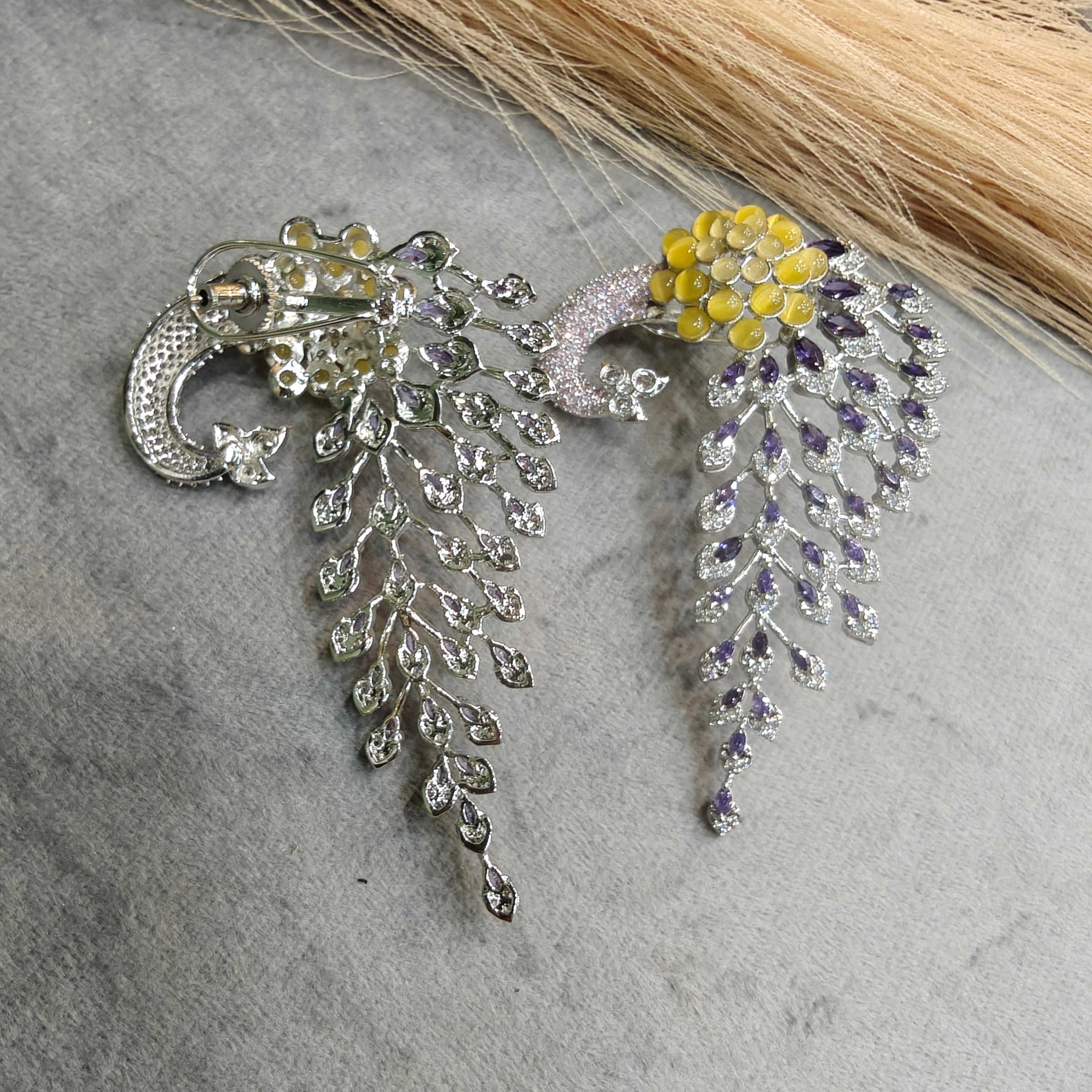 Vantara Peacock Statement Silver Plated Earrings- Yellow Purple