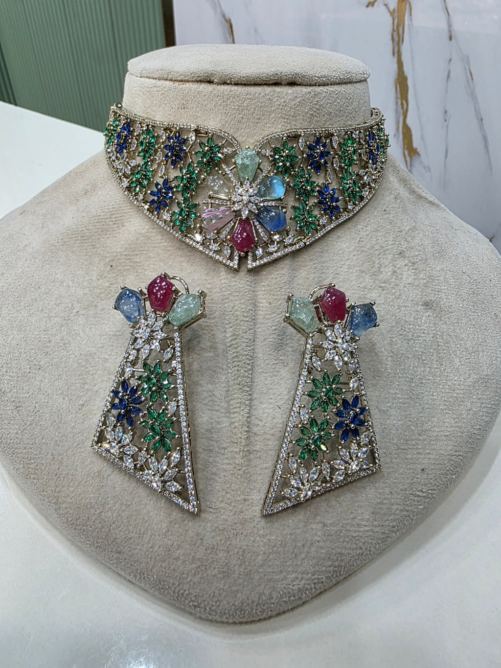 Idrika Doublet Collar CZ Choker Necklace Set- Multi