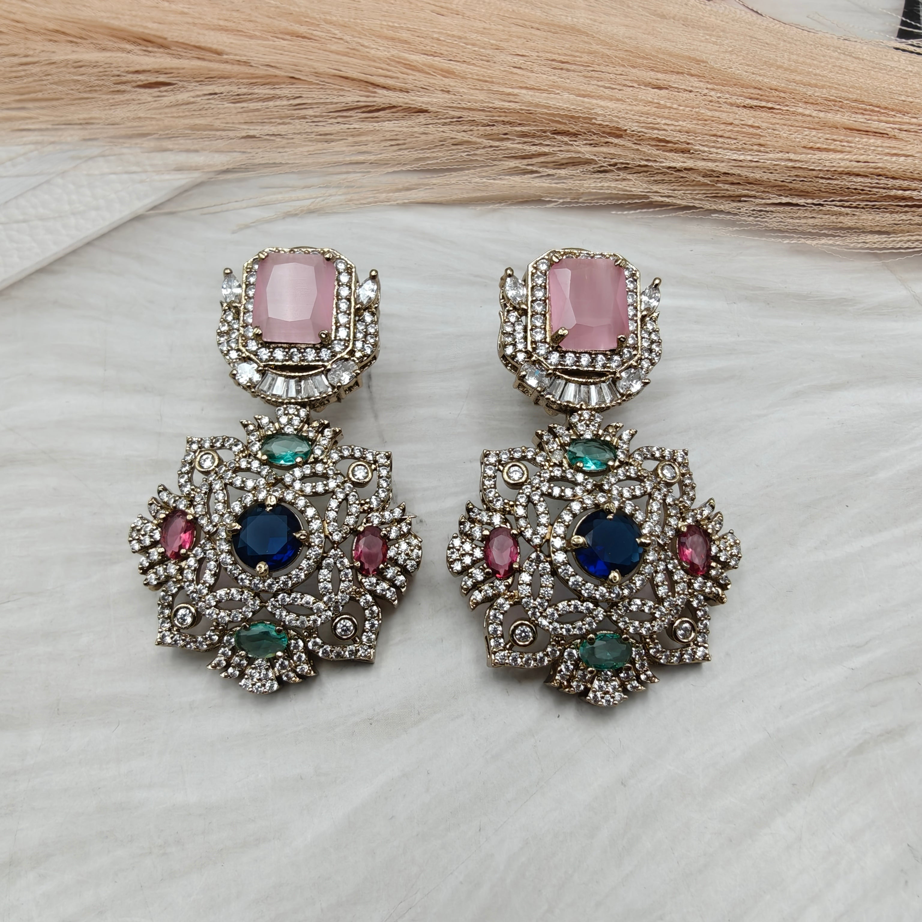 Virgya Sabyasachi Inspired Quartz Statement Earrings- Pink Multi