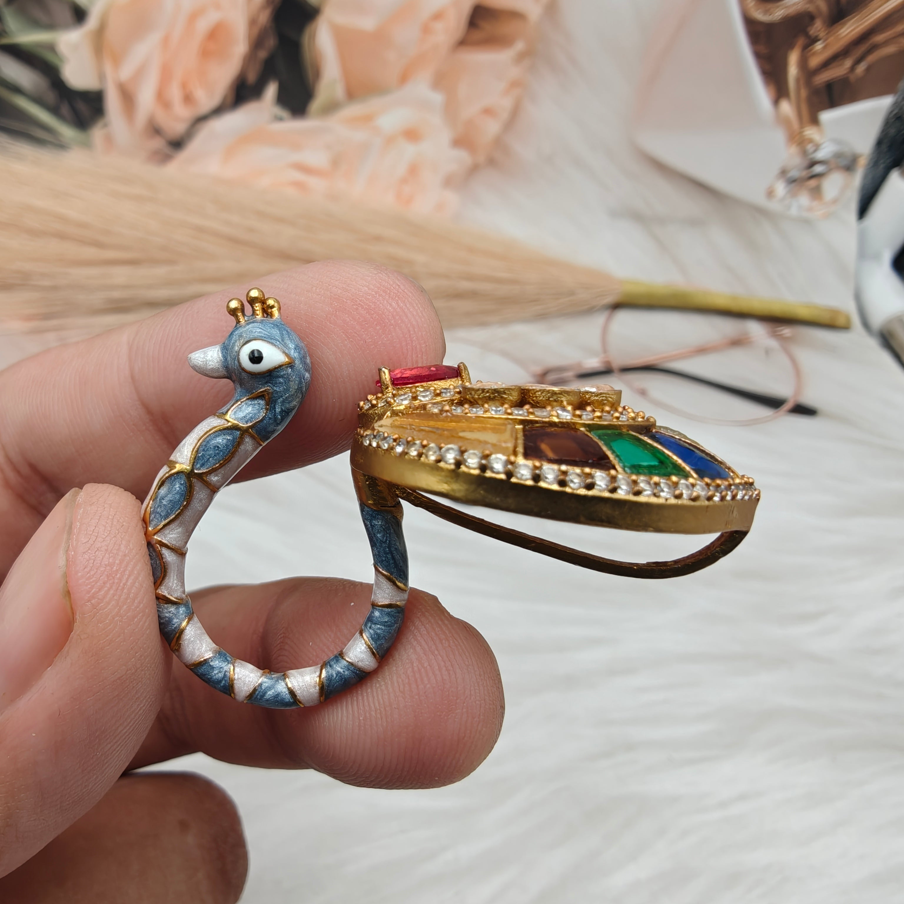 Morni Moissanite Italian Enamel Statement Ring- Grey Blue- Multi