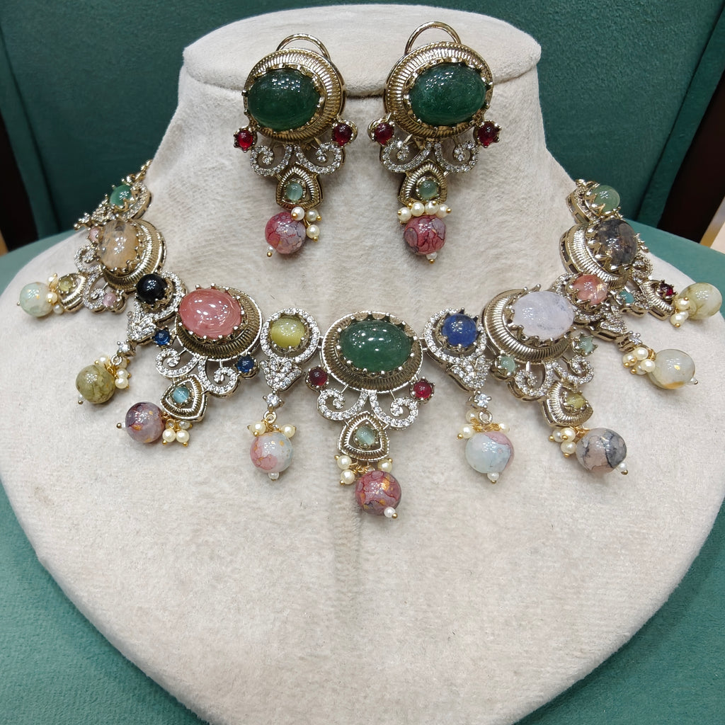 Reshma Sabya Inspired Gemstone Necklace Set- Green Multi