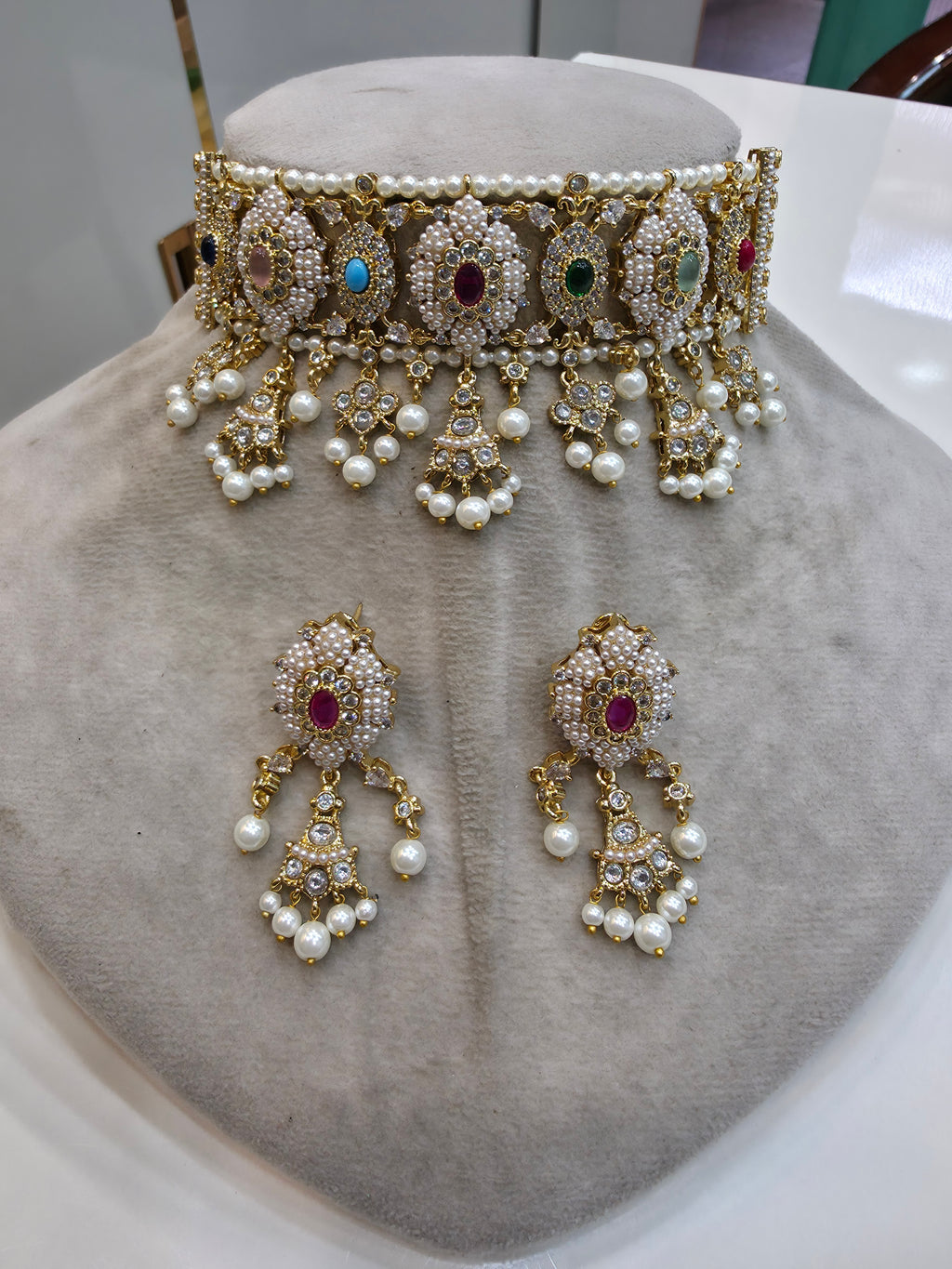 Mughal Inspired Madhumita Pearl Choker Set -Multi