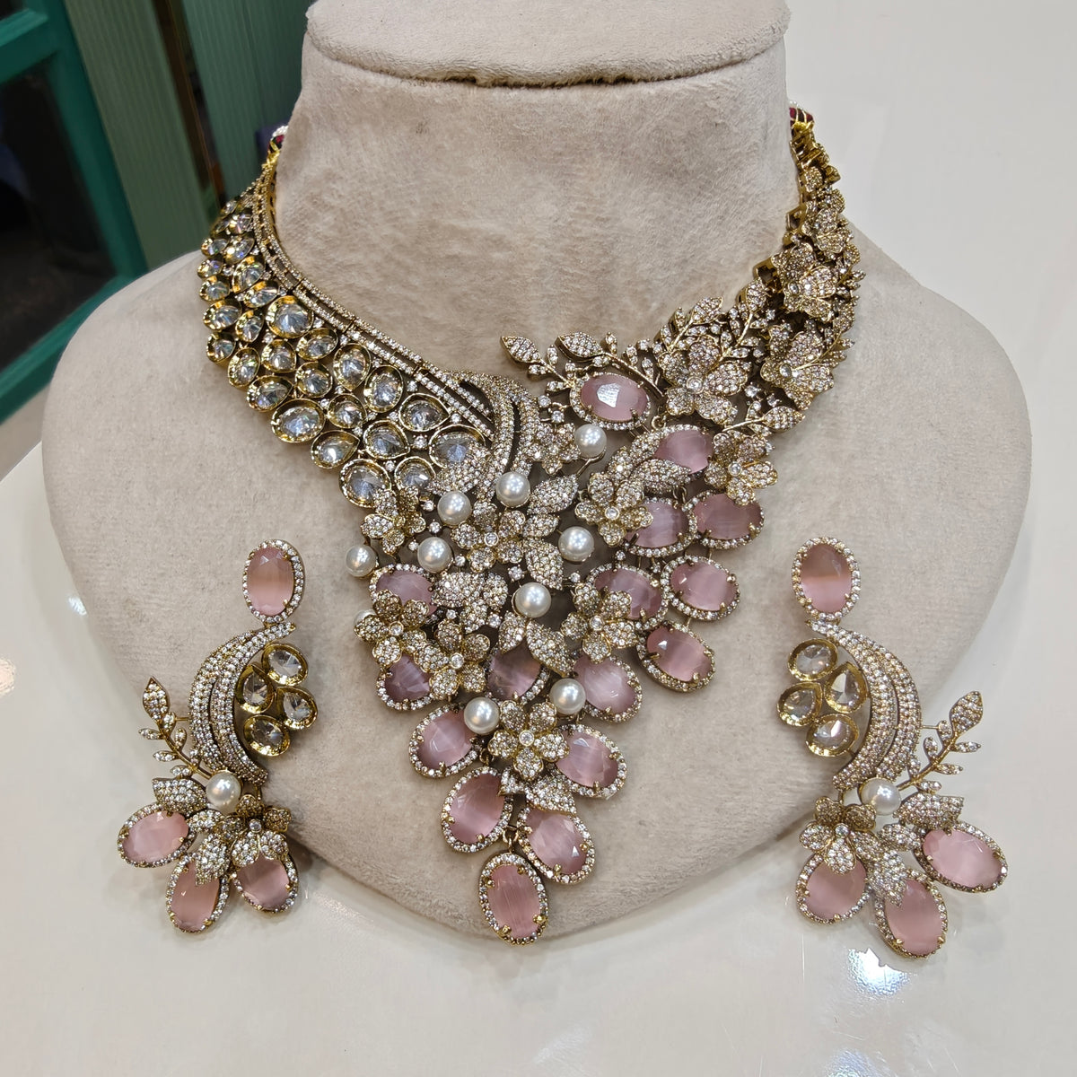 Trisha Premium Statement Necklace Set- Pink