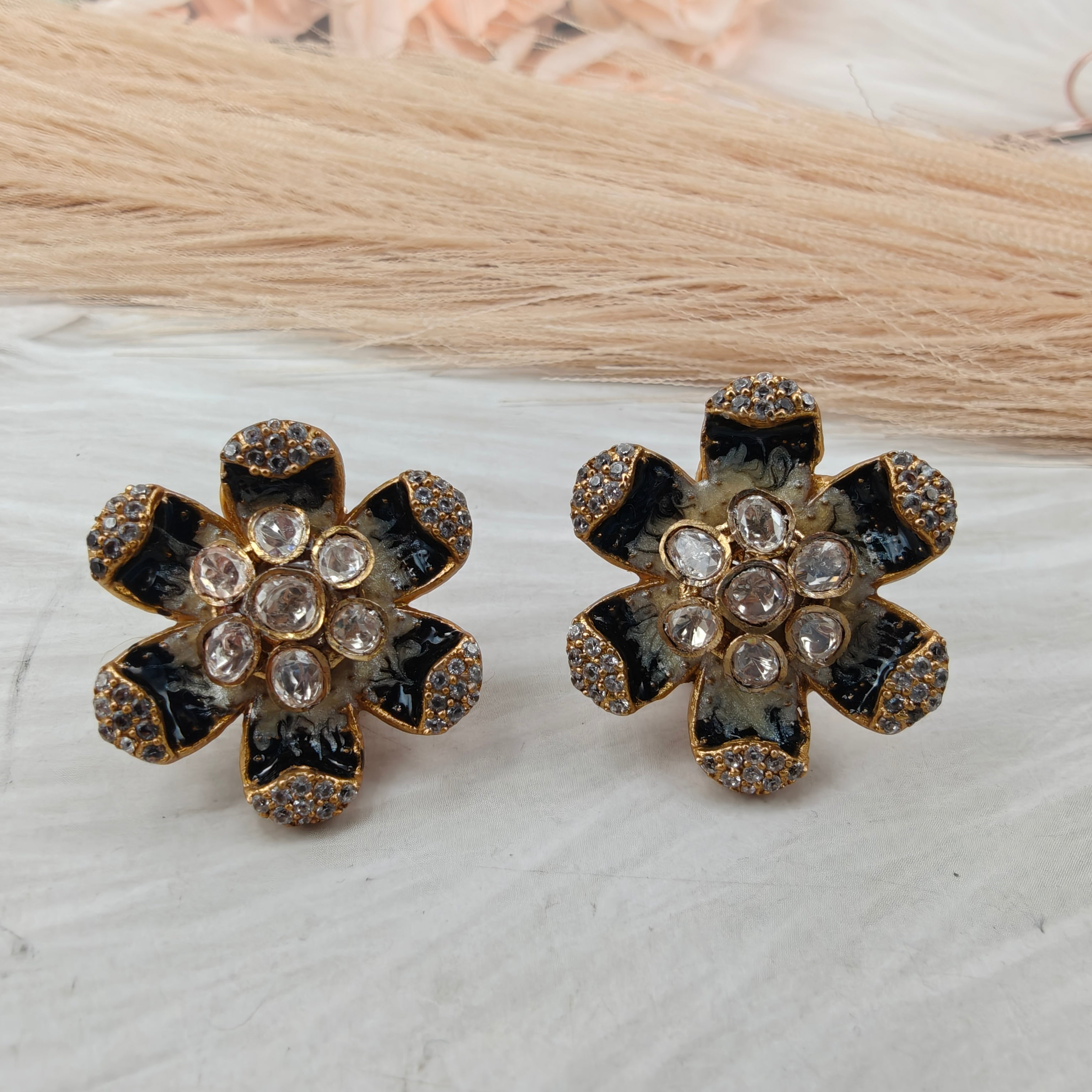 Chitra Italian Meena and Moissanite Studs- Black and Cream