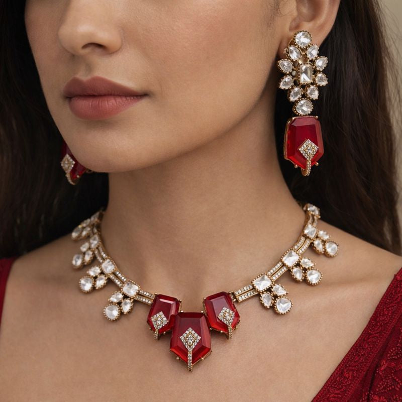 Vedanshi Doublet and Uncut Moissanite Polki Necklace Set- Red
