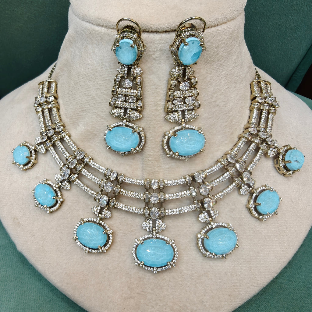 Kalindi Designer Statement Necklace Set- Sky Blue