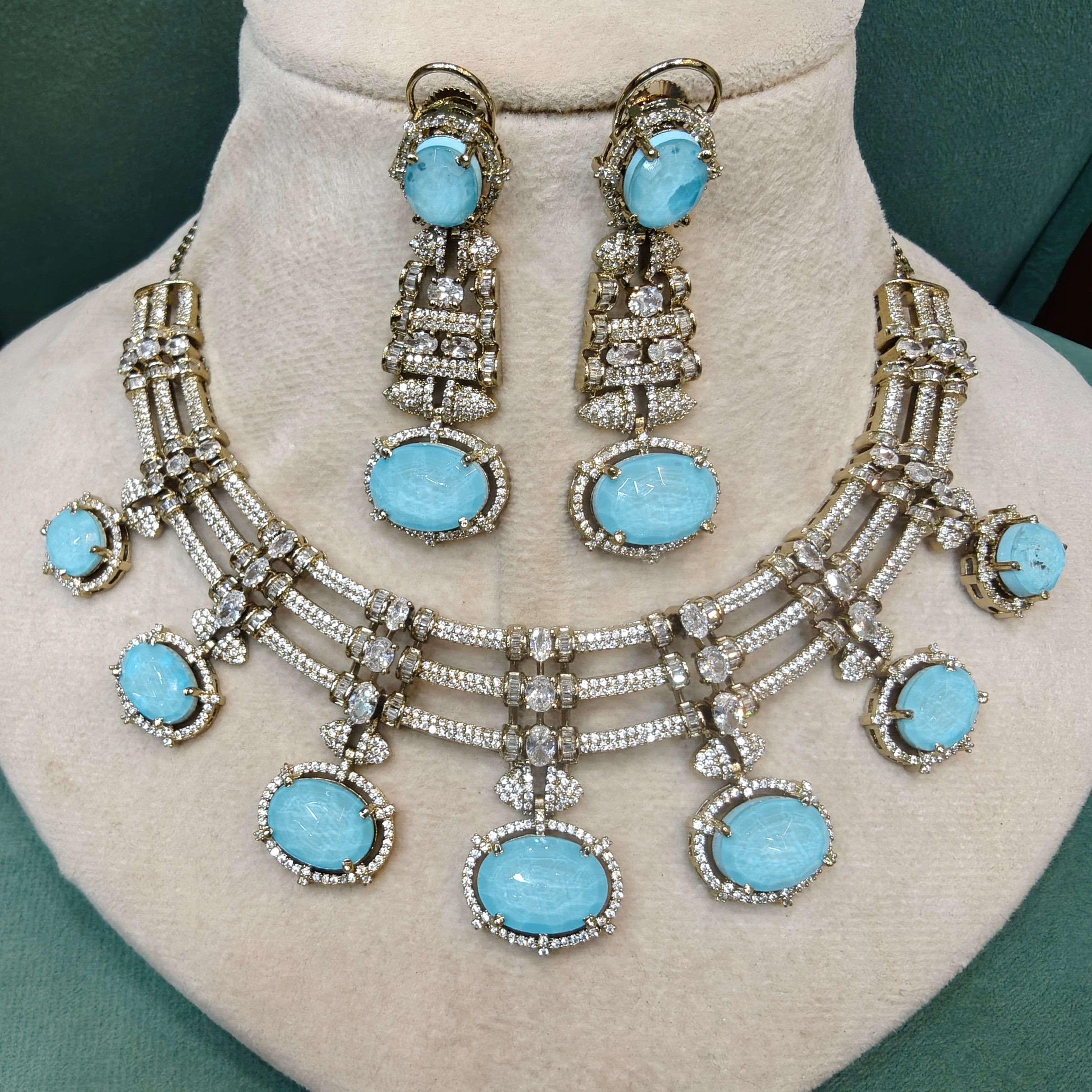 Kalindi Designer Statement Necklace Set- Sky Blue