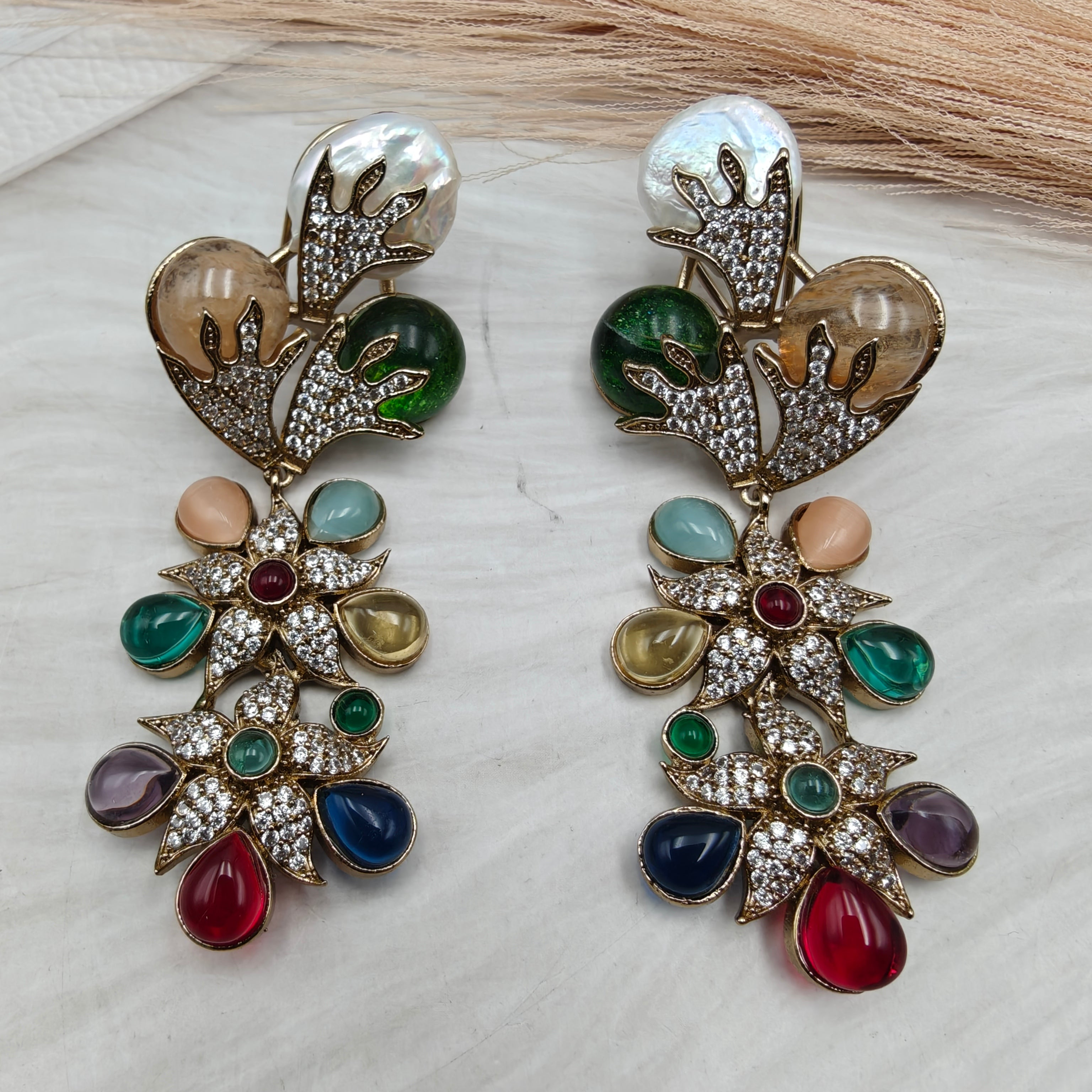 Elizabeth Semi Precious Gemstone and Baroque Sabya Inspired Earrings- Multi 1